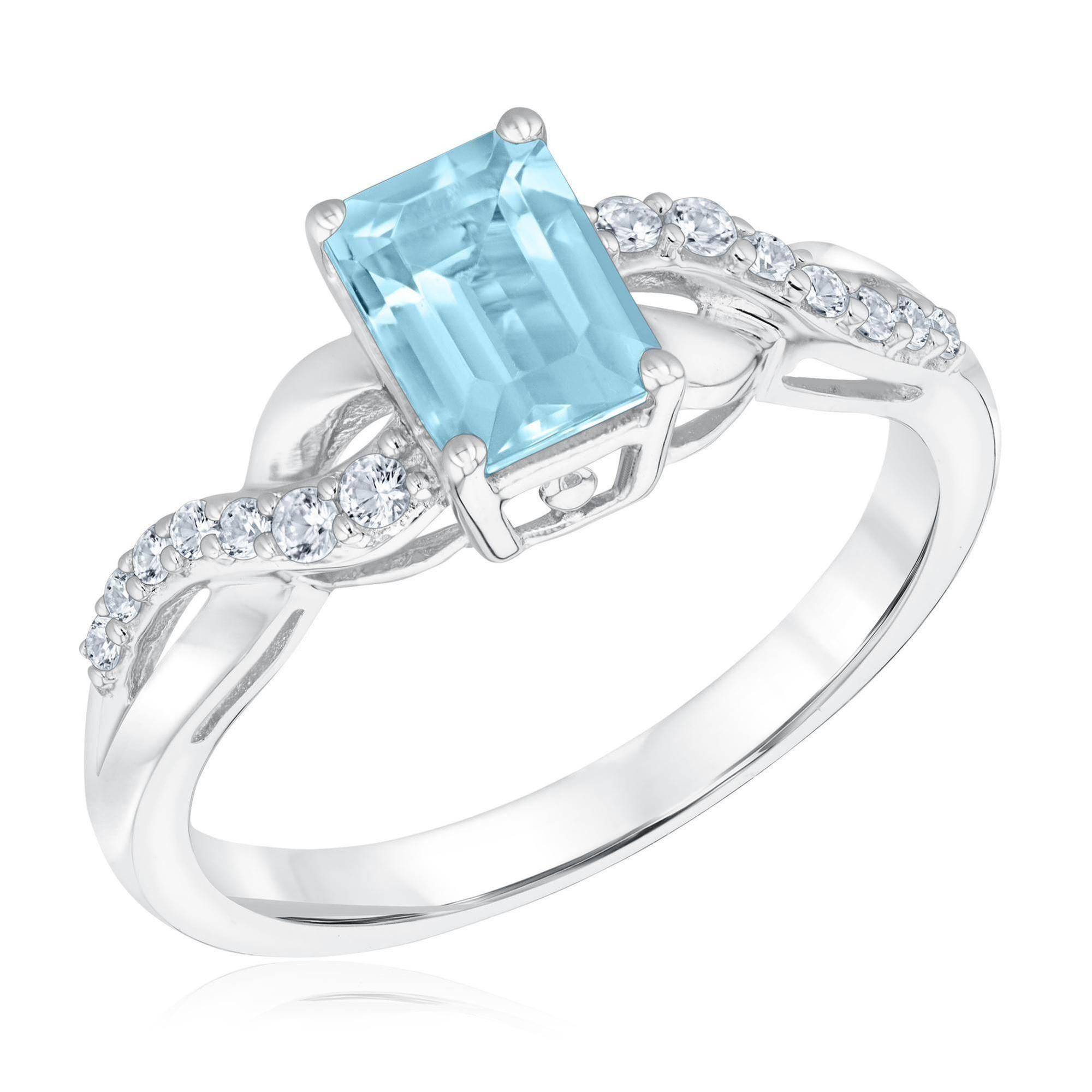 Aquamarine and Created White Sapphire Sterling Silver Ring