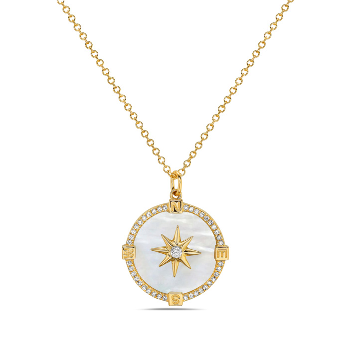 Bassali  1/10ctw Diamond Mother of Pearl Yellow Gold Compass Pendant Necklace