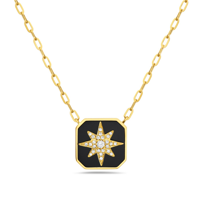 Bassali  1/10ctw Diamond Starburst Black Agate Yellow Gold Pendant Necklace