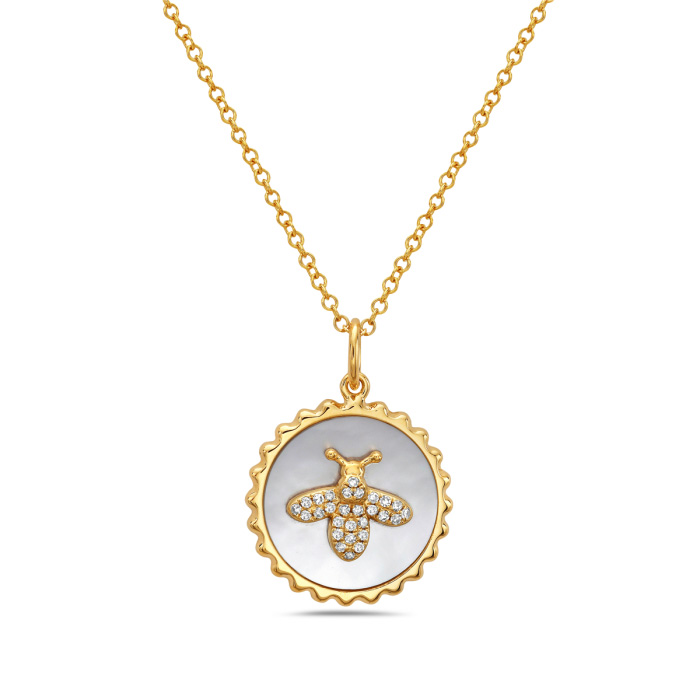 Bassali  1/15ctw Diamond Bee Mother of Pearl Yellow Gold Pendant Necklace
