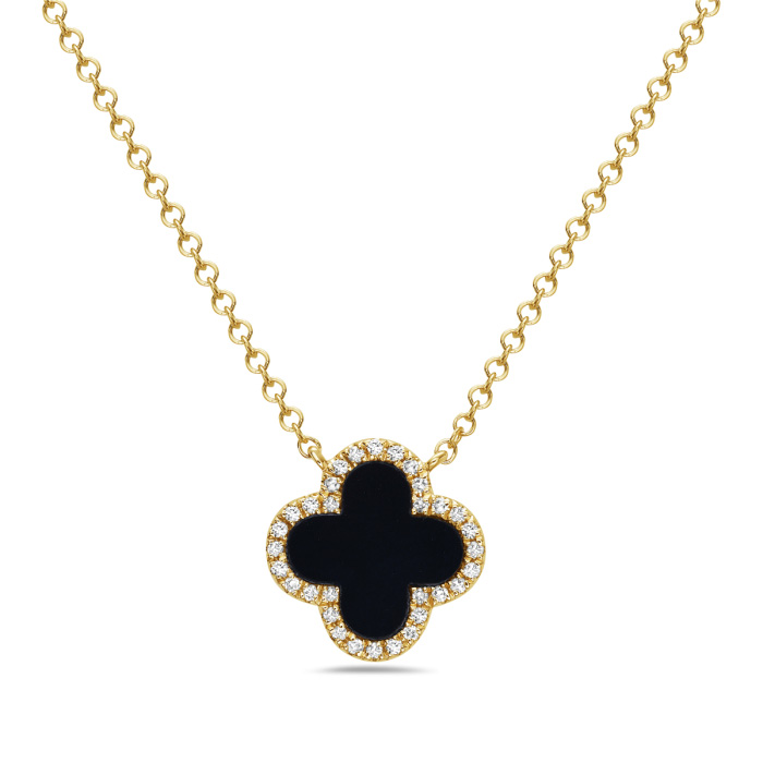 Bassali Black Agate Clover and 115ctw Diamond Halo Yellow Gold Pendant Necklace 1700$