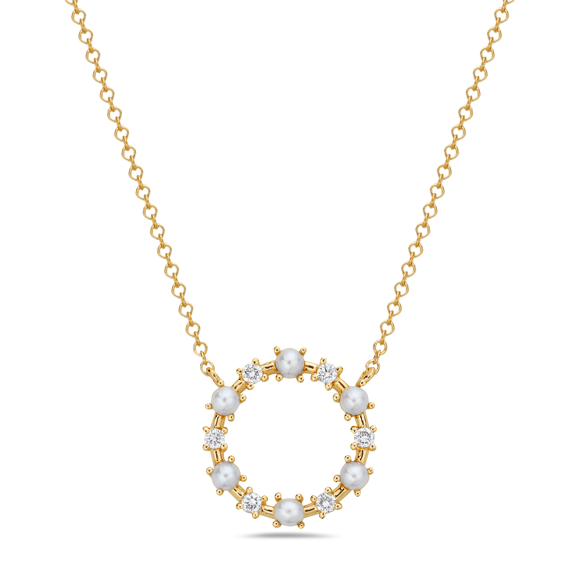 Bassali  Freshwater Cultured Pearl and 1/10ctw Diamond Yellow Gold Circle Necklace