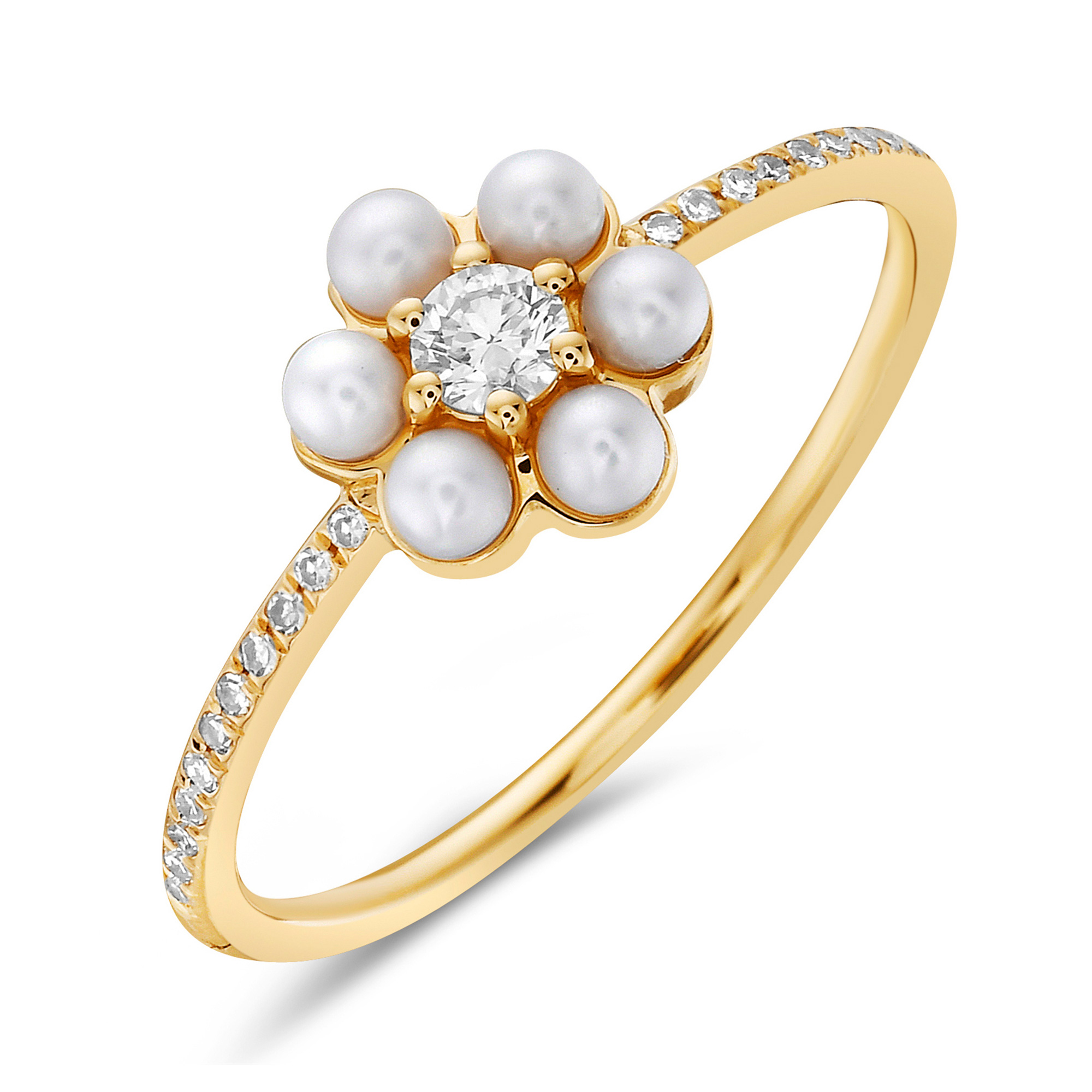 Bassali Women's  Freshwater Cultured Pearl and 1/6ctw Diamond Flower Yellow Gold Ring  Ring Size: 7.5