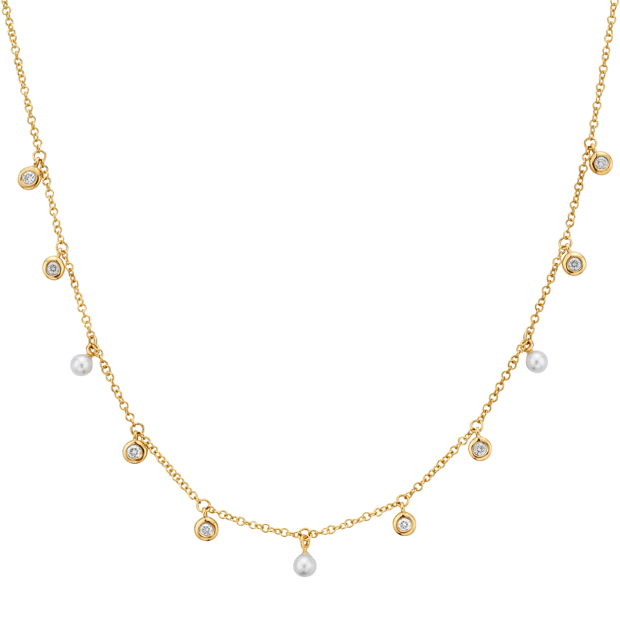 Bassali  Freshwater Cultured Pearl and 1/8ctw Diamond Yellow Gold Station Necklace