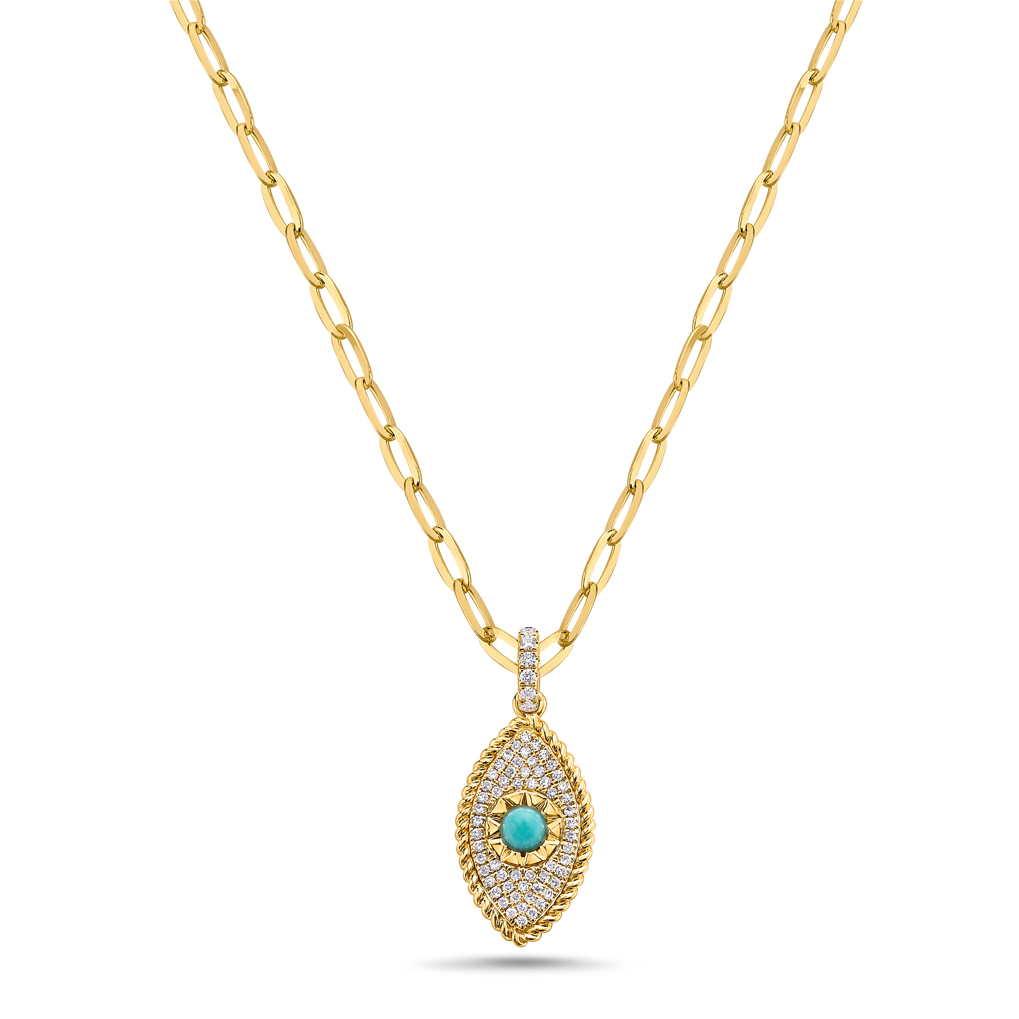 Bassali Turquoise and 16ctw Diamond Evil Eye Yellow Gold Pendant Necklace 2250$