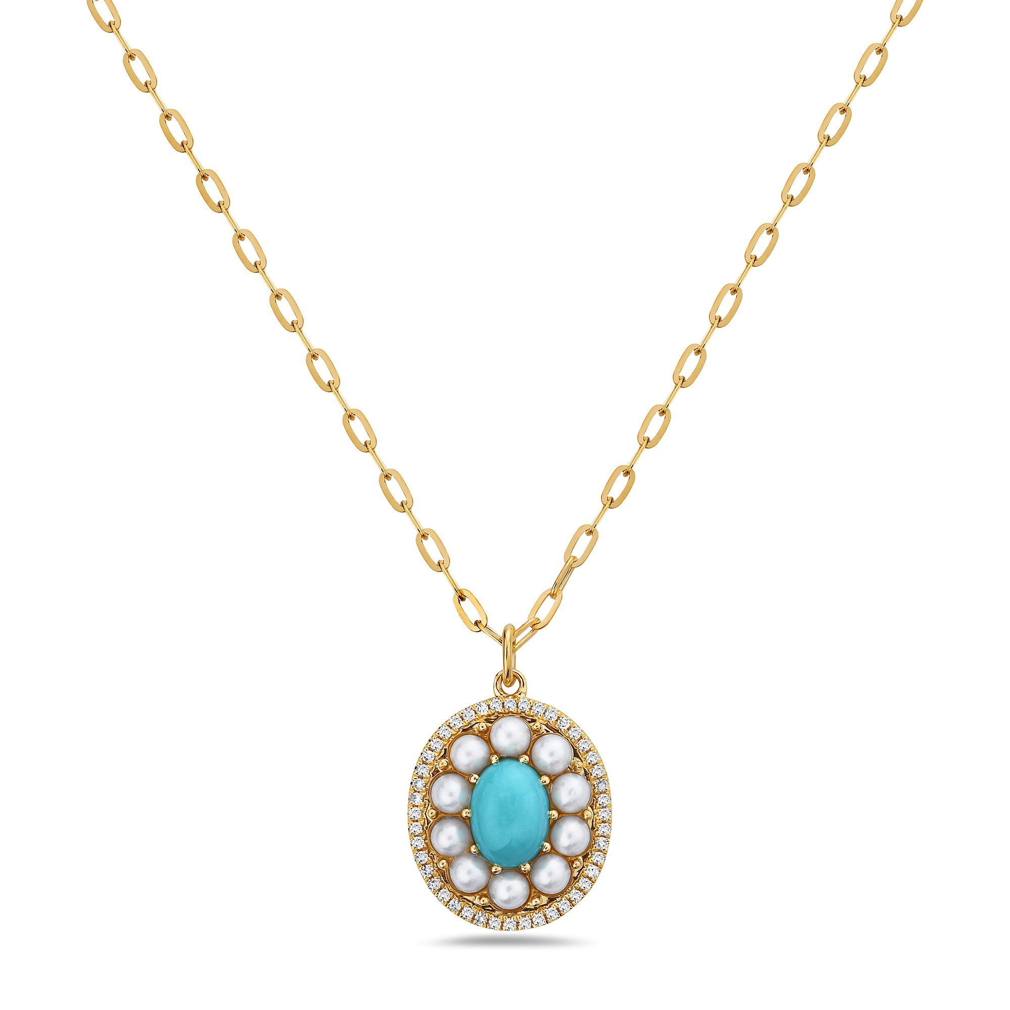 Bassali  Turquoise  Freshwater Cultured Pearl  and 1/10ctw Diamond Oval Yellow Gold Pendant Necklace