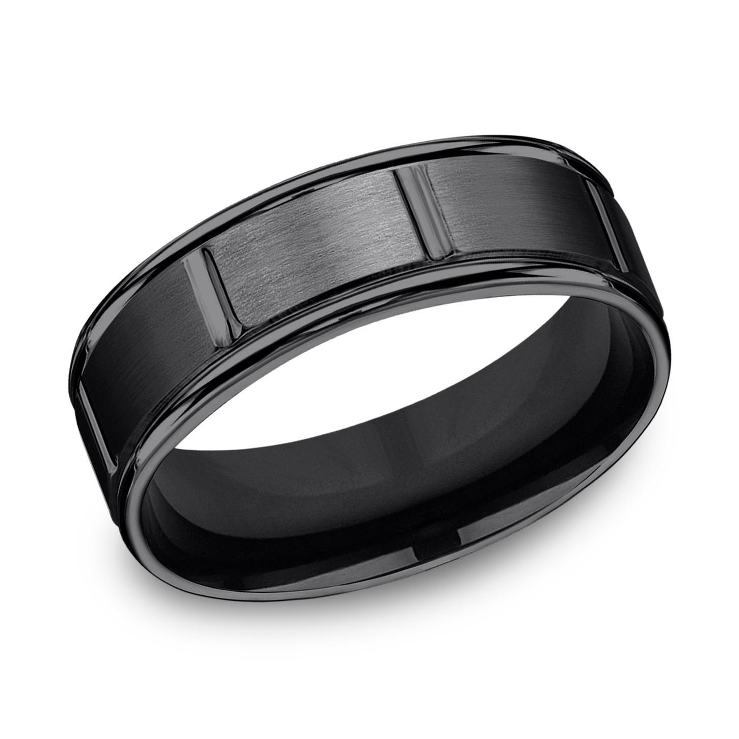 Black Titanium Gear Cut Round Edge Comfort Fit Wedding Band 7mm -