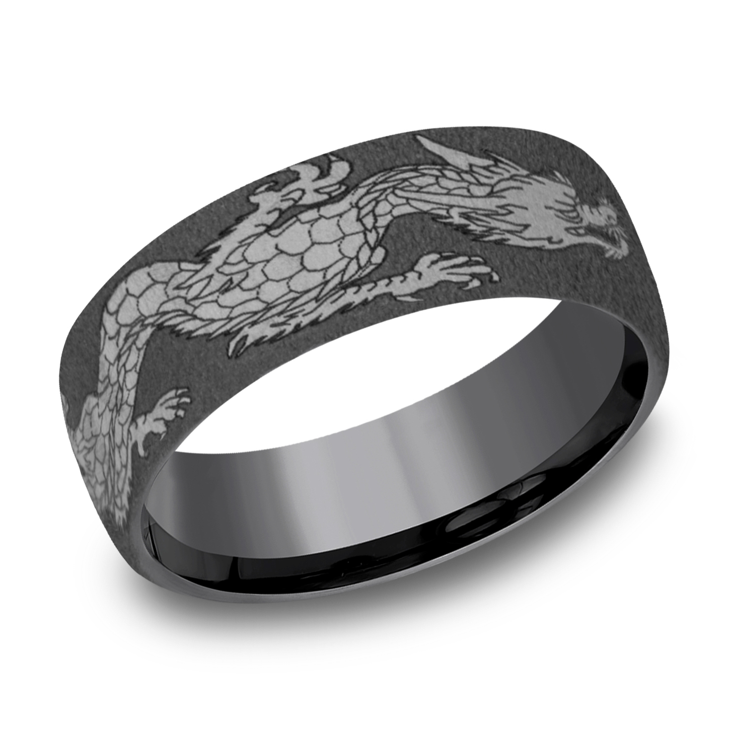 Benchmark Chinese Dragon Pattern Darkened Tantalum Comfort Fit Band | 7.5mm | Size 7