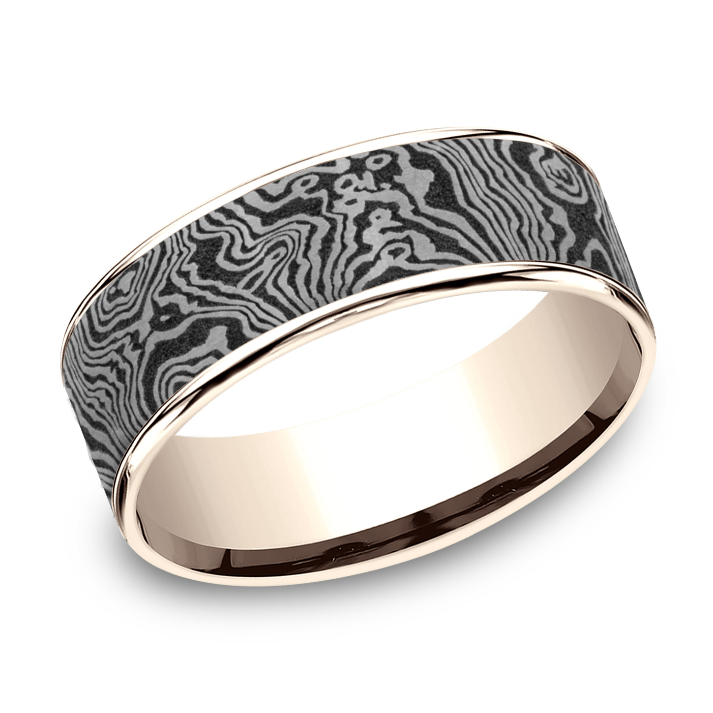 Benchmark Grey Tantalum and Rose Gold Torsion Pattern Tamascus Center Comfort Fit Band | 7.5mm | Size 8