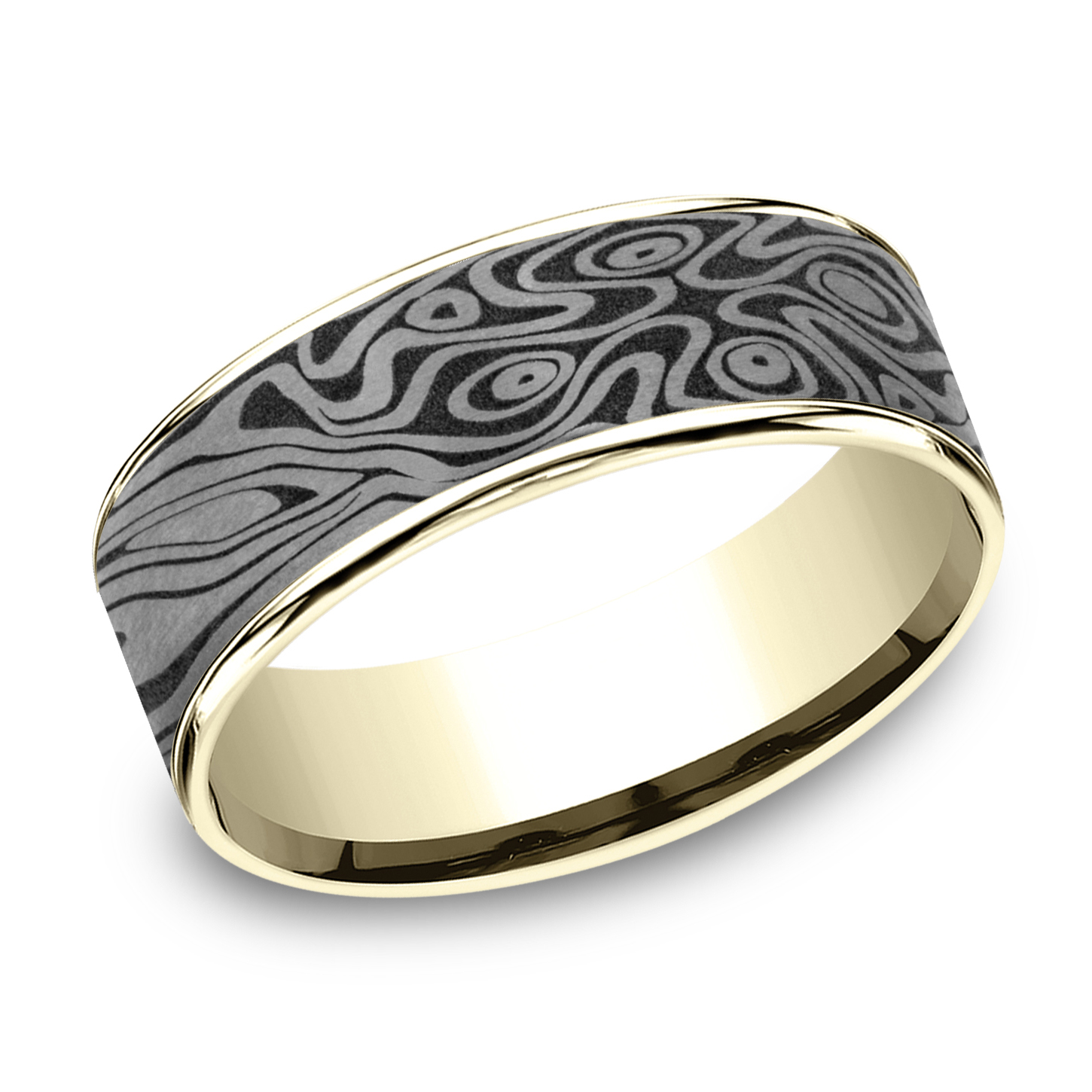 Benchmark Grey Tantalum and Yellow Gold Birdseye Pattern Tamascus Center Comfort Fit Band | 7.5mm | Size 8.5