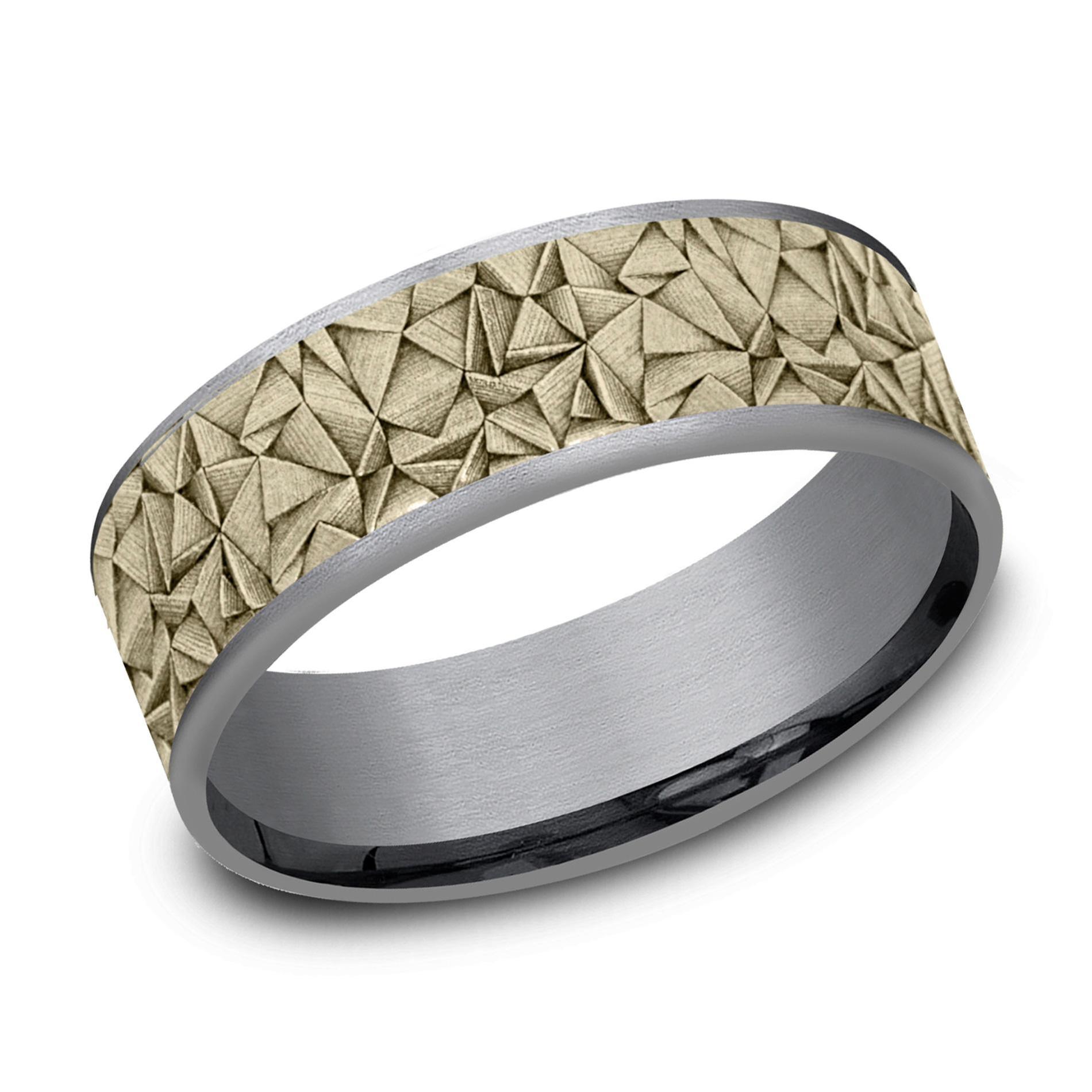 REEDS Mens Grey Tantalum And 14K Yellow Gold 75Mm Kaleidoscope Textured Comfort Fit Wedding Band Ring Size 115 2500$