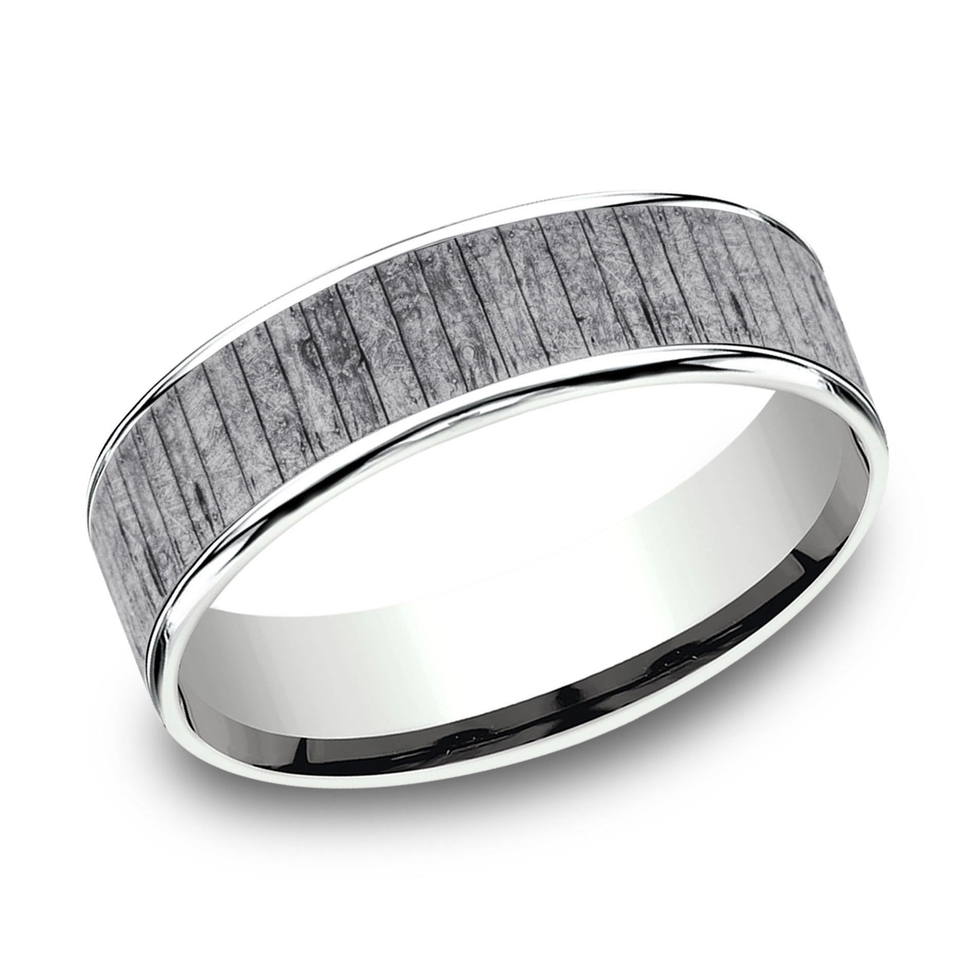 Benchmark Split Wood Pattern Grey Tantalum and White Gold Comfort Fit Band | 6.5mm | Size 12.5