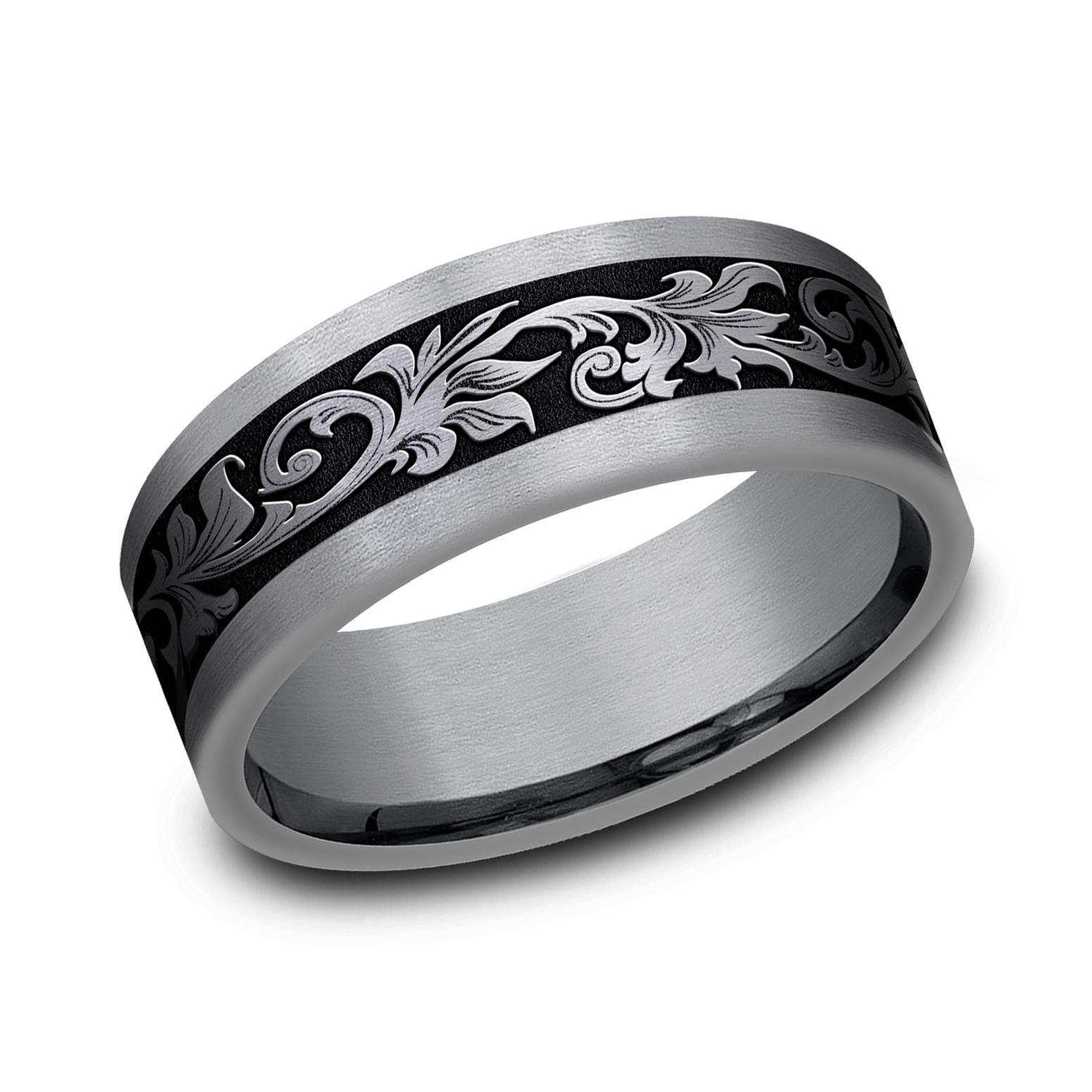 REEDS Mens Benchmark Tantalum And Black Titanium Scrollwork Design Comfort Fit Band 8Mm Size 115 650$