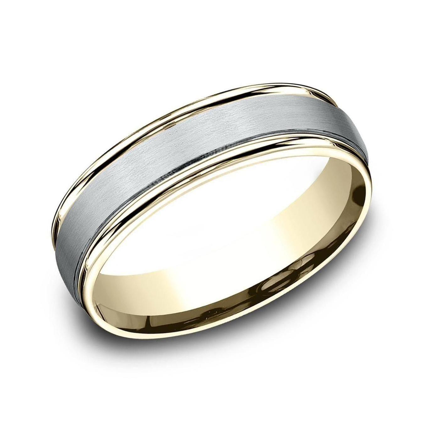 Two-Tone White Gold Satin Center Comfort Fit Wedding Band 6mm - S