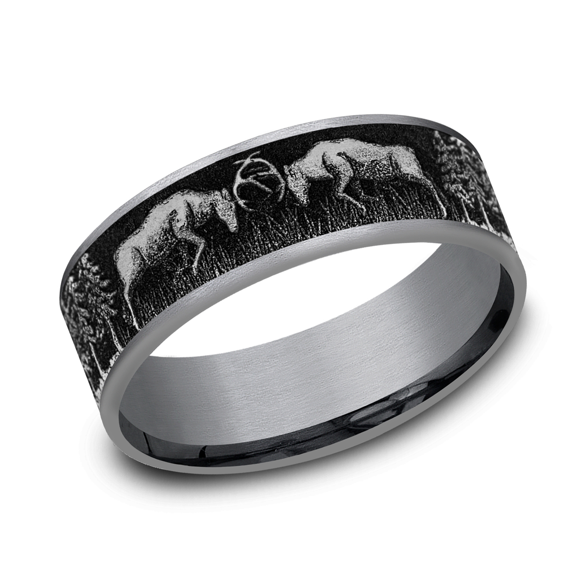 REEDS Mens Black Titanium With Thin Grey Tantalum Edges 75Mm Grey Deer Fight Pattern Wedding Band - Size 75 850$