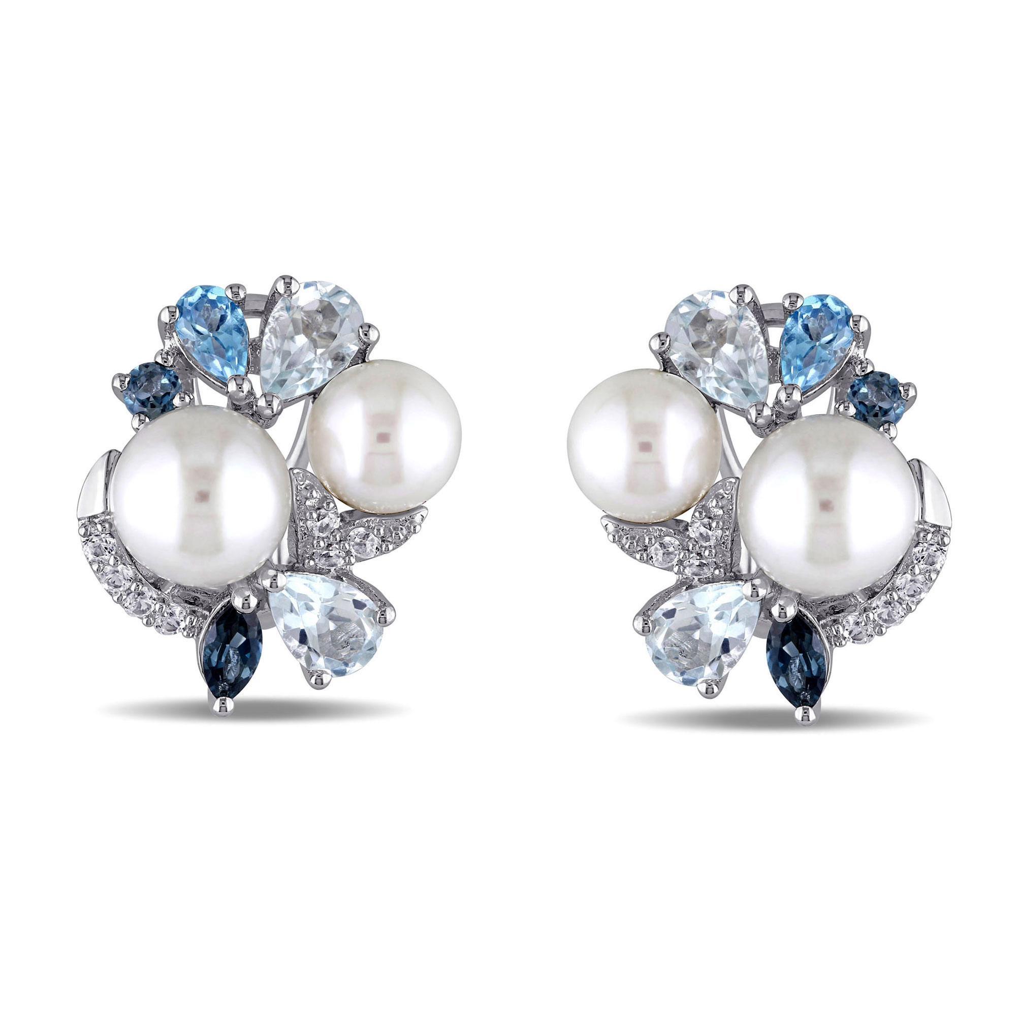 Blue Mixed Gemstone and White Freshwater Cultured Pearl Cluster Earrings in Sterling Silver