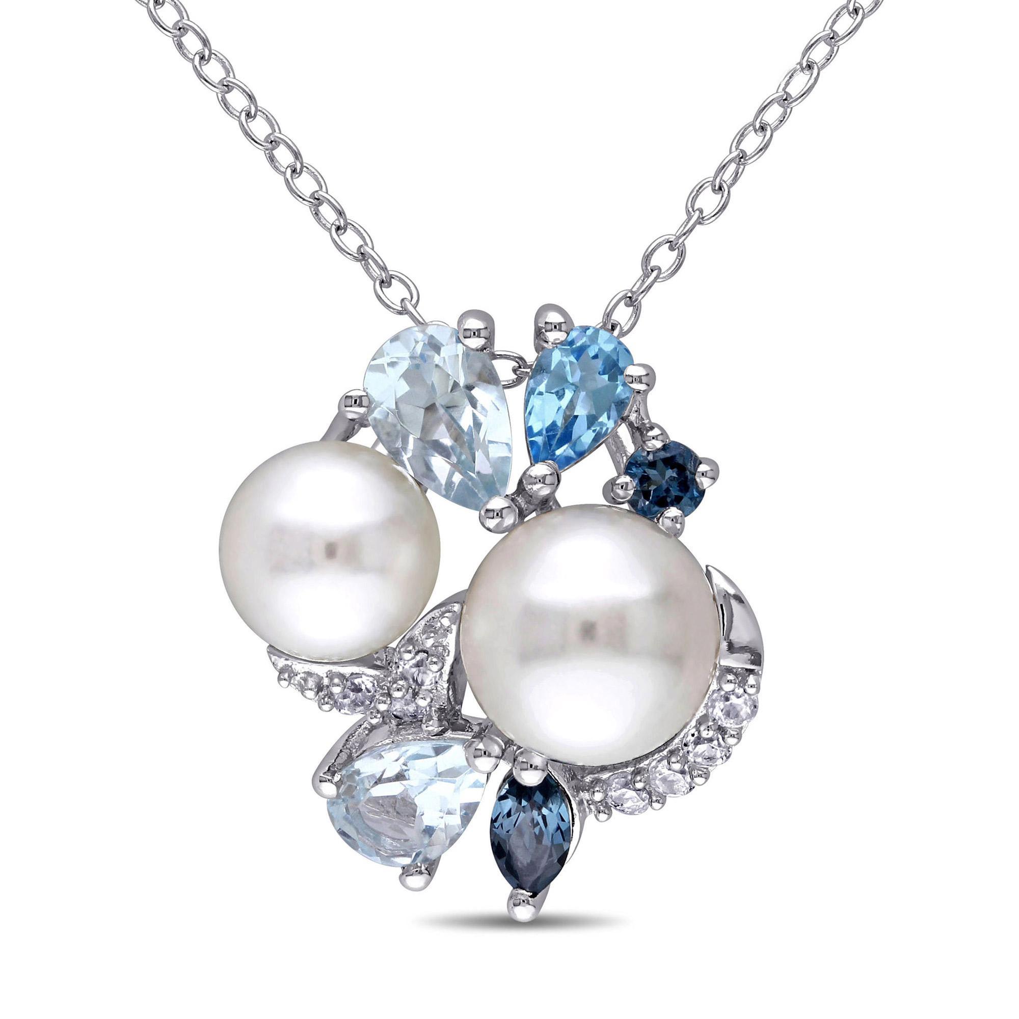 Blue Mixed Gemstone and White Freshwater Cultured Pearl Cluster Pendant in Sterling Silver