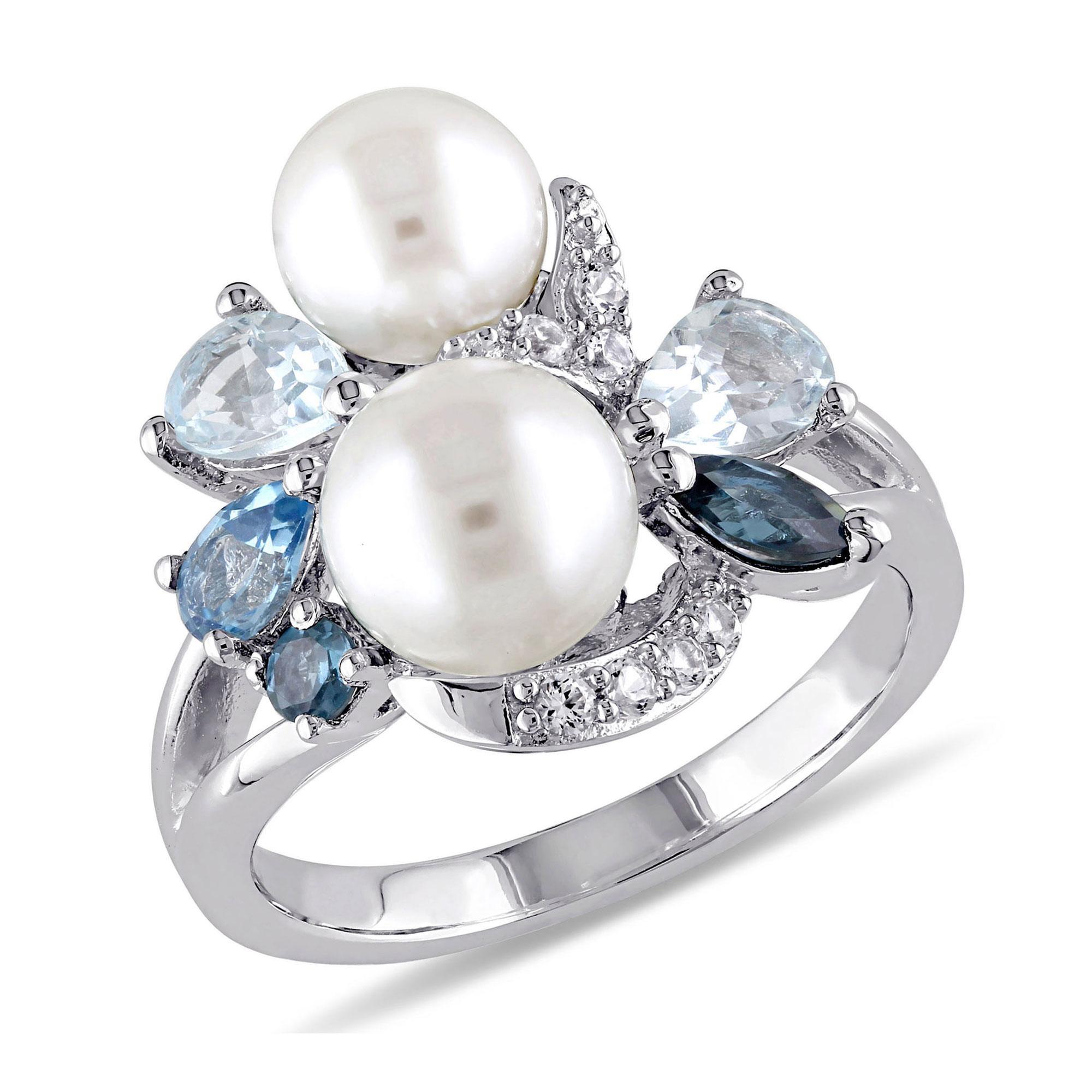 Blue Mixed Gemstone and White Freshwater Cultured Pearl Cluster Ring in Sterling Silver- Size 9