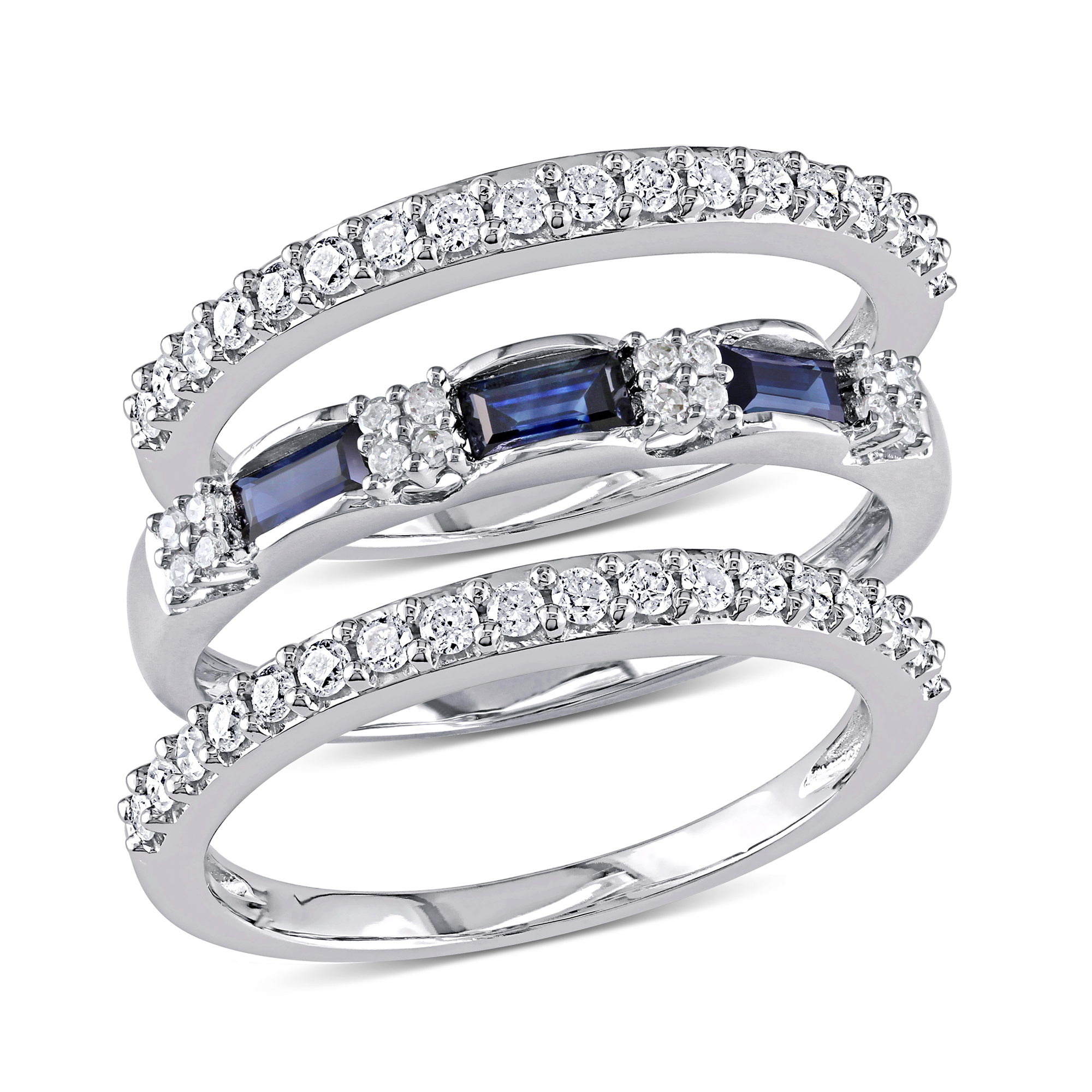Blue Sapphire and 1/2ctw Diamond White Gold 3-Piece Stackable Ring Set | Size 6.5