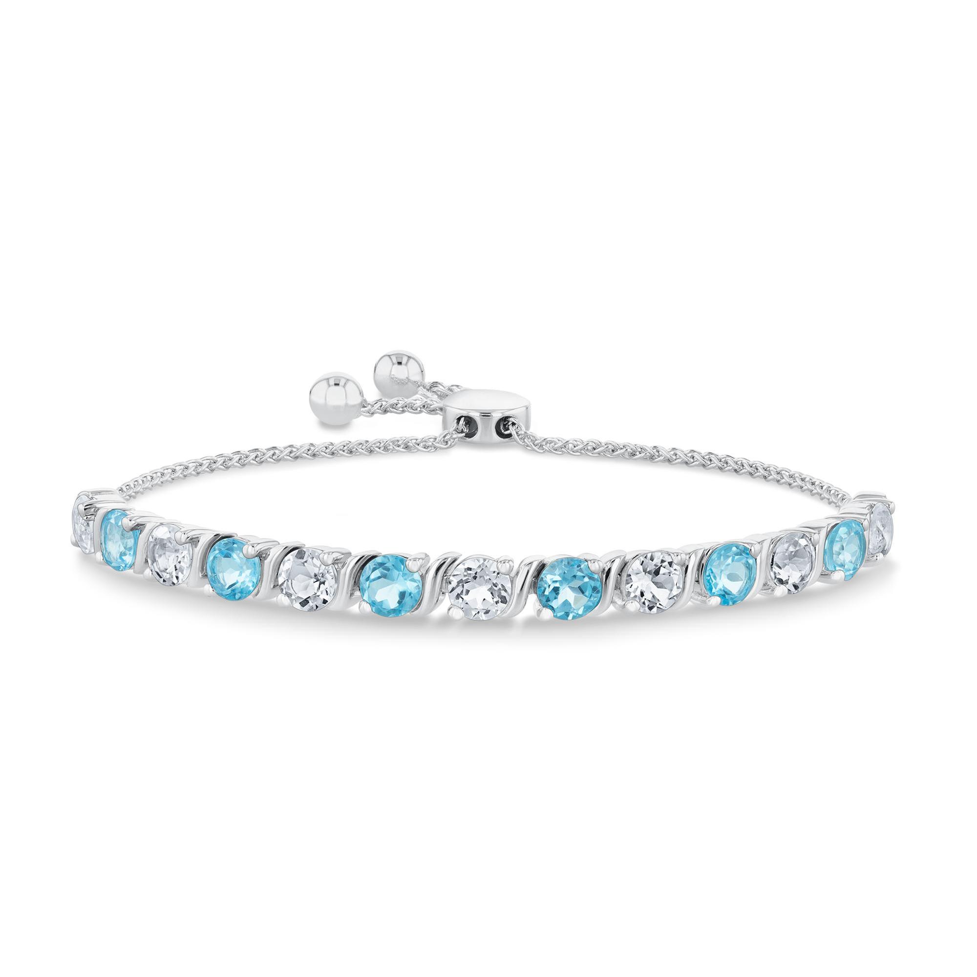 Blue Topaz and Created White Sapphire Sterling Silver Bolo Bracel