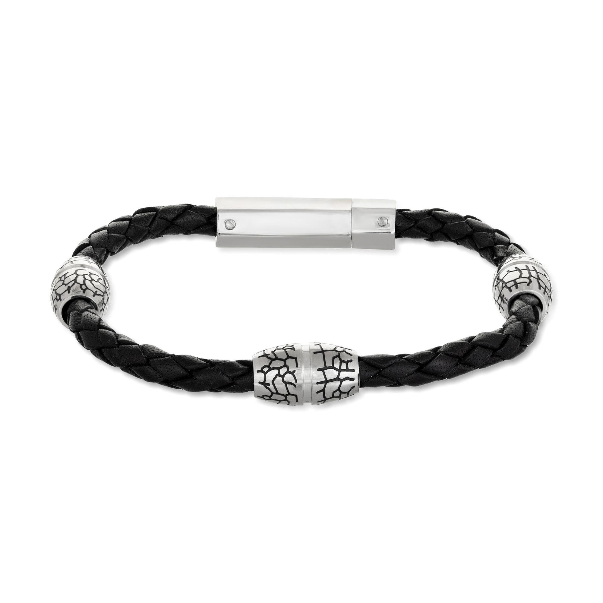 Braided Black Leather and Stainless Steel Bracelet | 10mm | 8.5 I