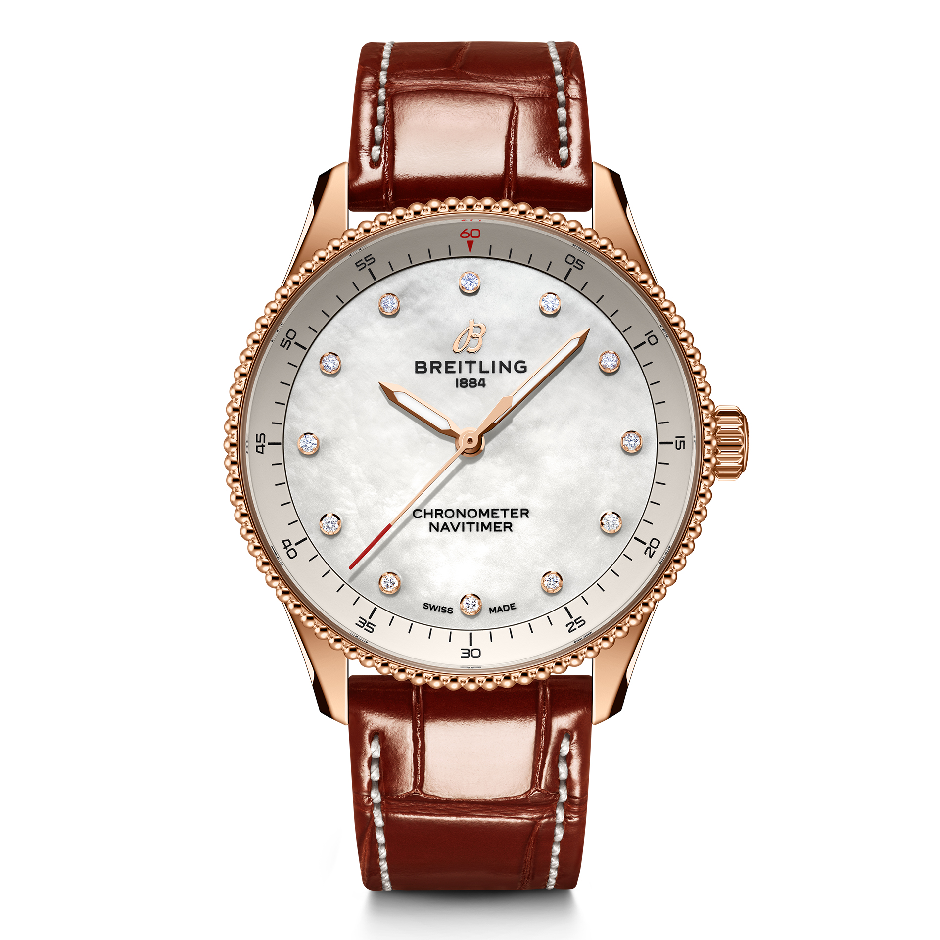 Breitling Navitimer 32 MotherofPearl Lab Grown Diamond Dial Red Gold and Leather Strap Watch 32mm R77320E61A1P1 Breitling Navitimer 32 MotherofPearl Lab Grown Diamond Dial Red Gold and Leather Strap Watch 32mm R77320E61A1P1