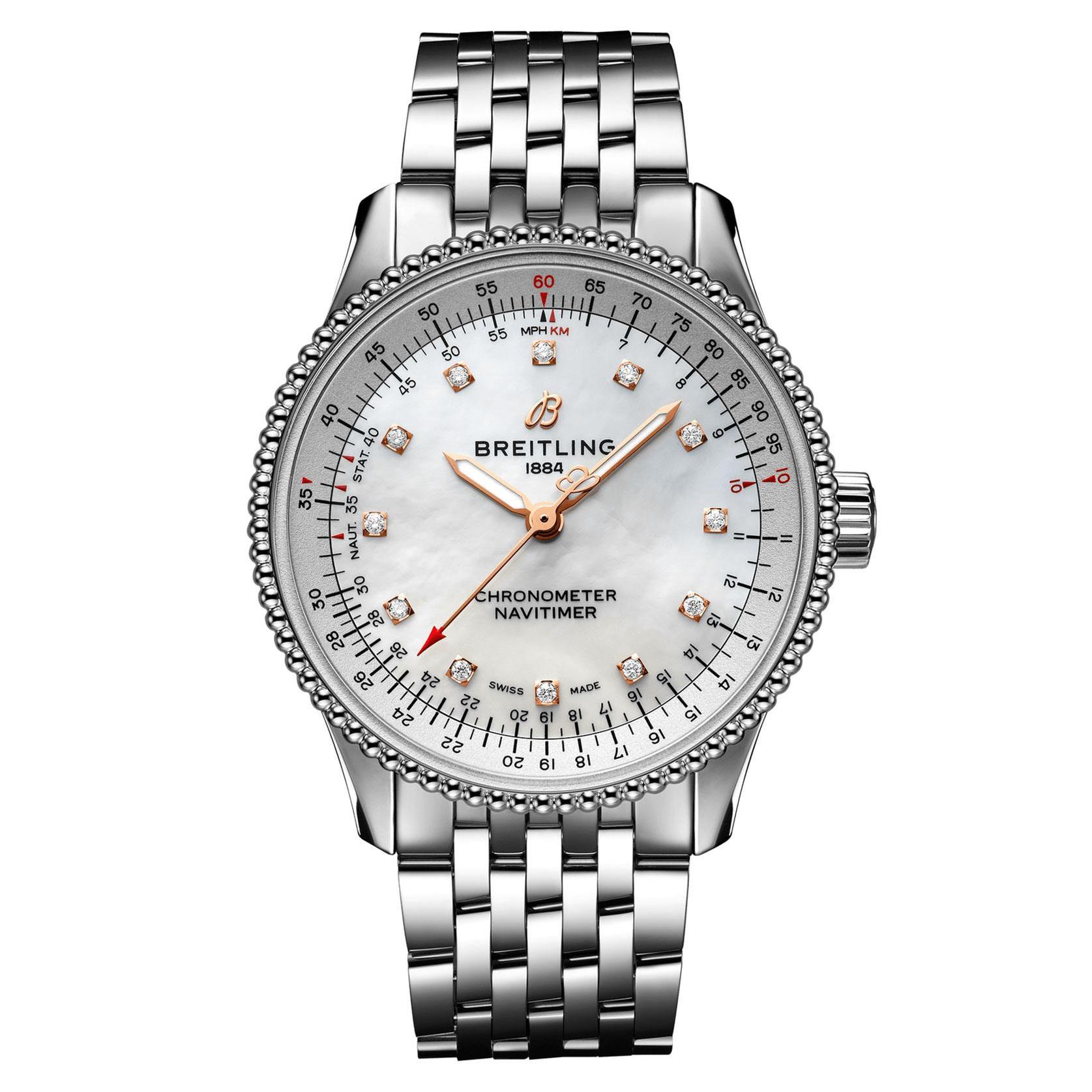 Navitimer Automatic 35 Mother-of-Pearl Diamond Dial Stainless Steel Watch - Breitling A17395211A1A1