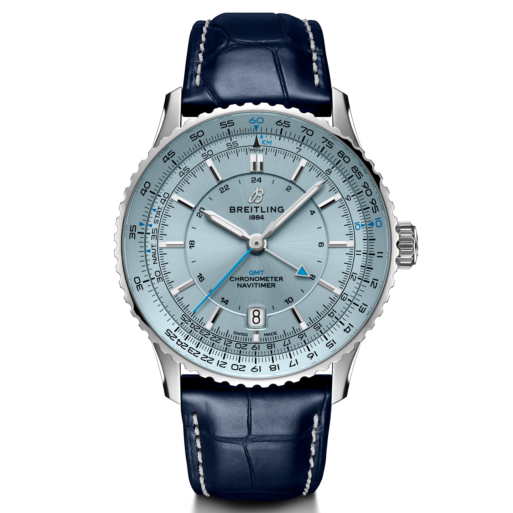 Breitling  Navitimer Automatic GMT 41 Ice Blue Dial Blue Leather Strap Watch 41mm  A32310171C1P1