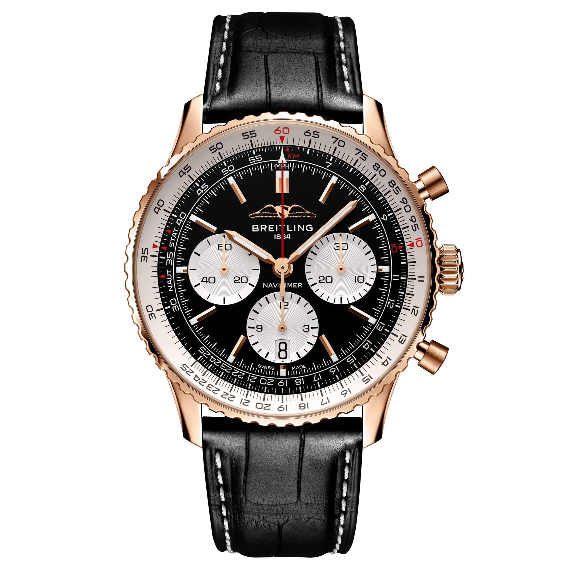 Breitling  Navitimer B01 Chronograph 43 Red Gold and Black Leather Strap Watch  RB0138211B1P1