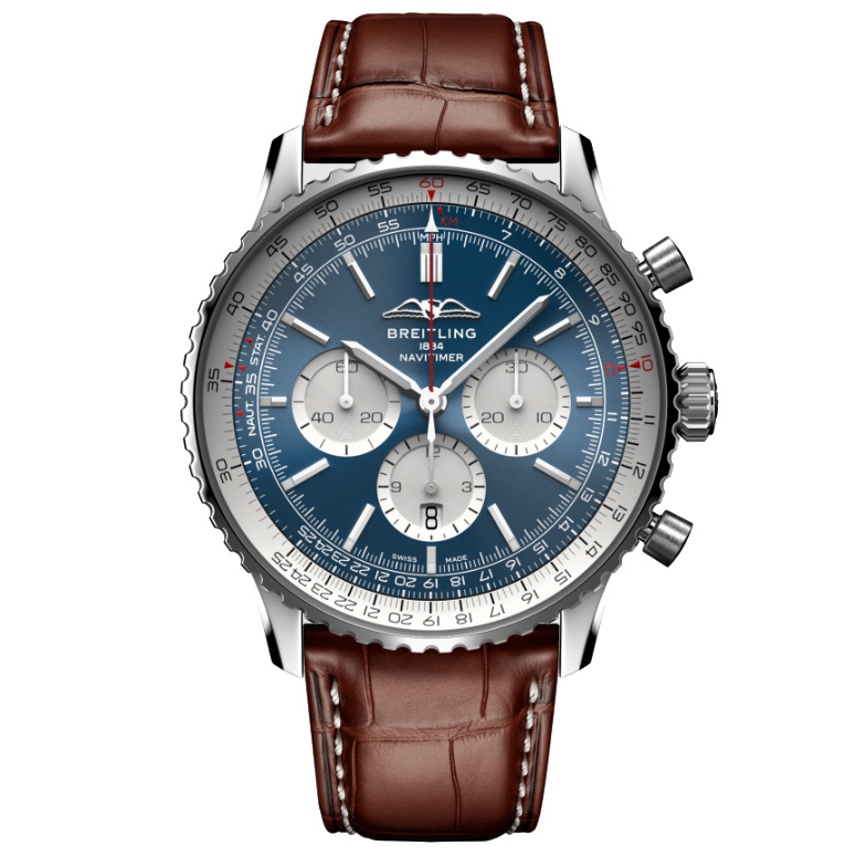 Breitling  Navitimer B01 Chronograph 46 Blue Dial Brown Leather Strap Watch 46mm  AB0137211C1P1