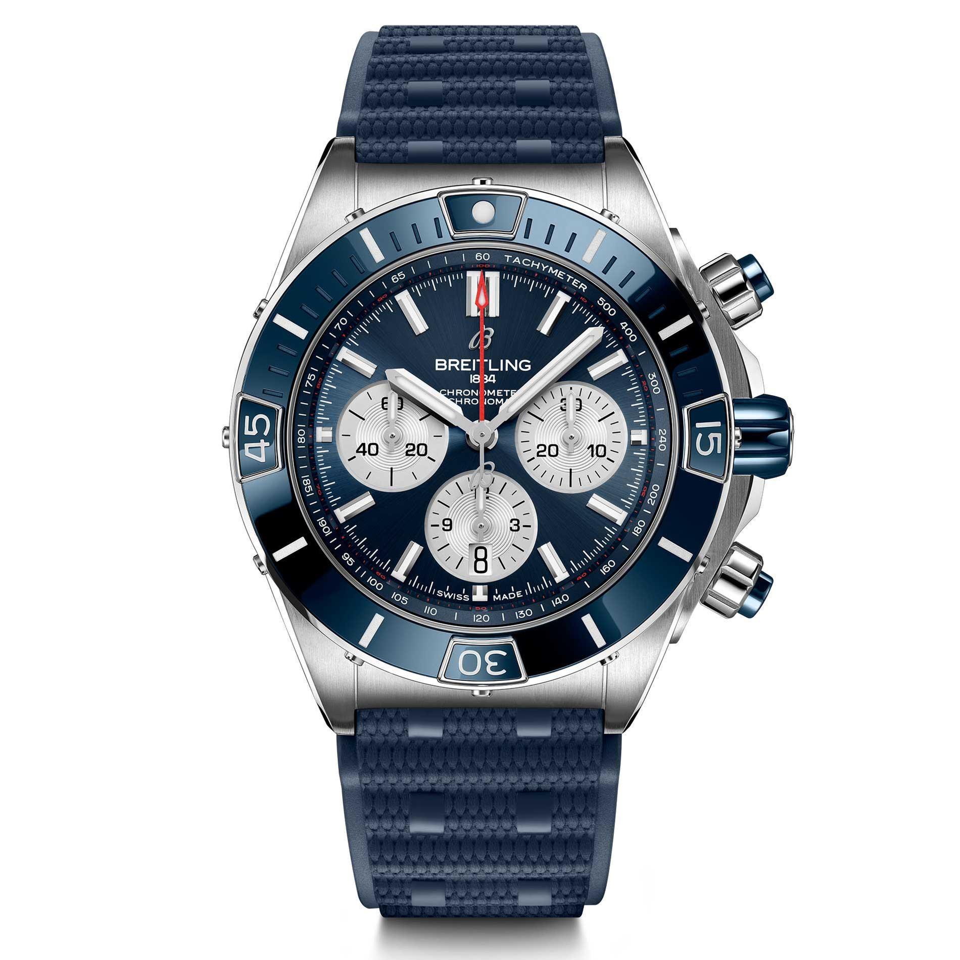 Breitling Super Chronomat B01 44 Blue Dial Rubber Strap Watch AB0