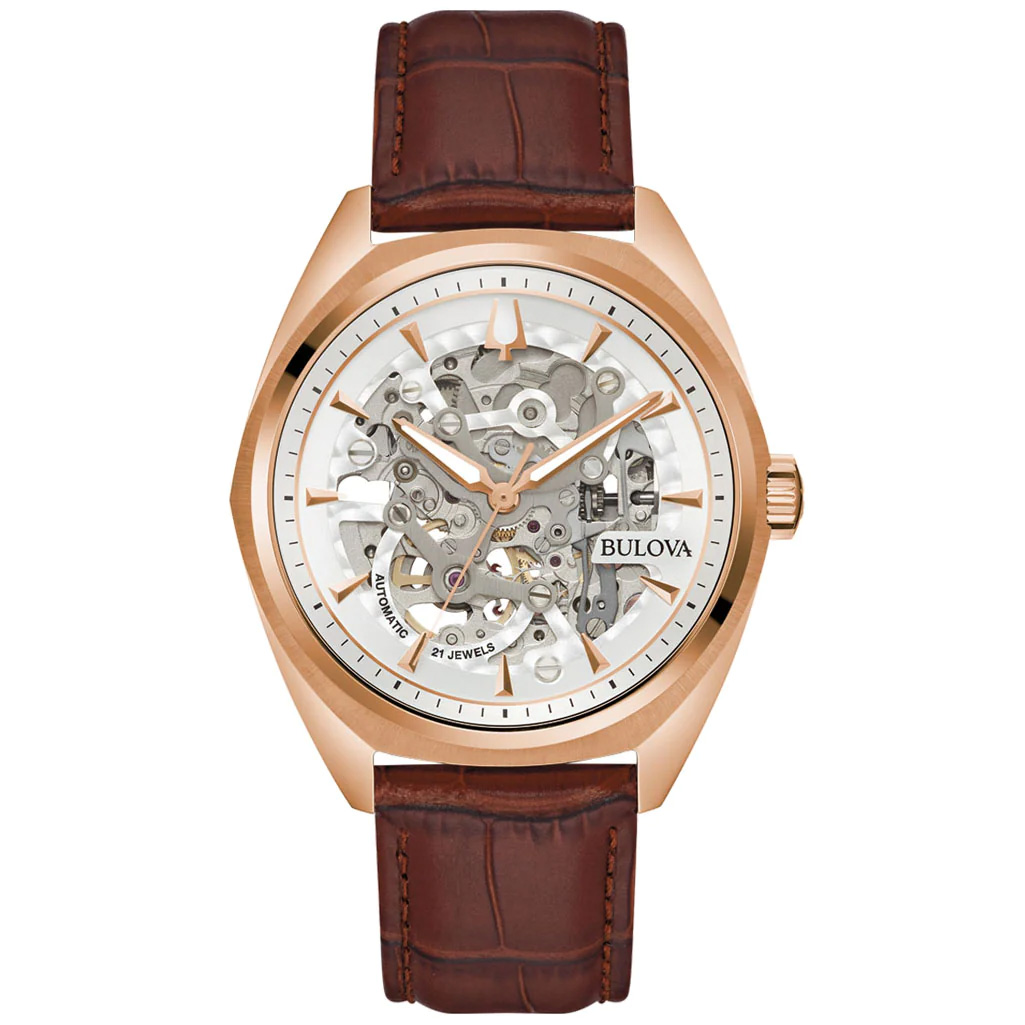 Classic Surveyor Automatic Skeleton Rose Gold-Tone Brown Leather Strap Watch 41mm - Bulova 97A175