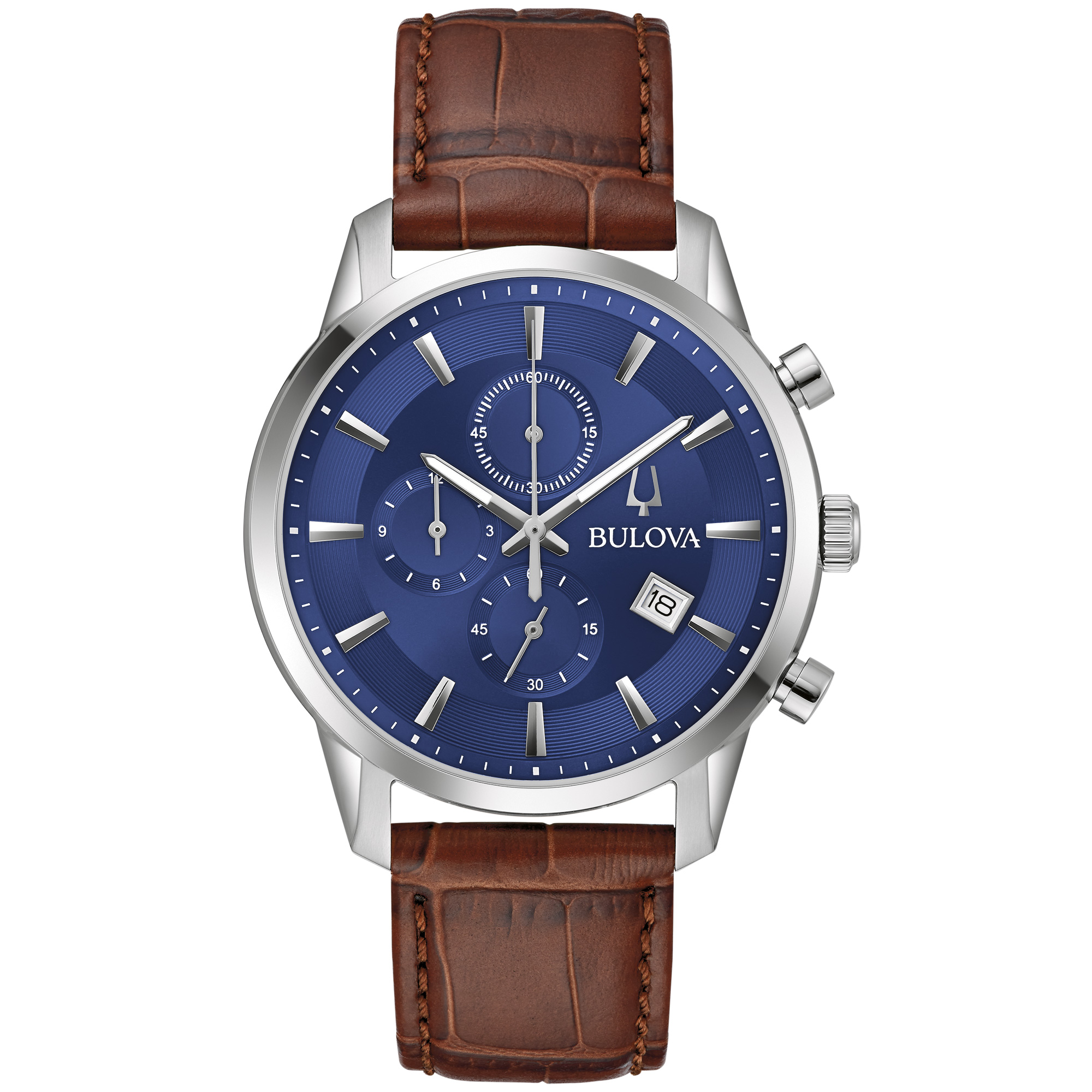 Sutton Chronograph Blue Dial Brown Leather Strap Watch 41mm - Bulova 96B402