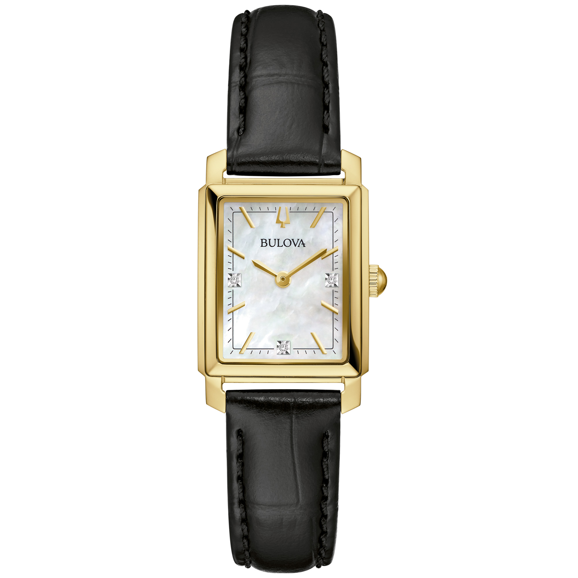 Sutton Mother-of-Pearl Diamond Accent Dial Black Leather Strap Watch 21mm - Bulova 97P166