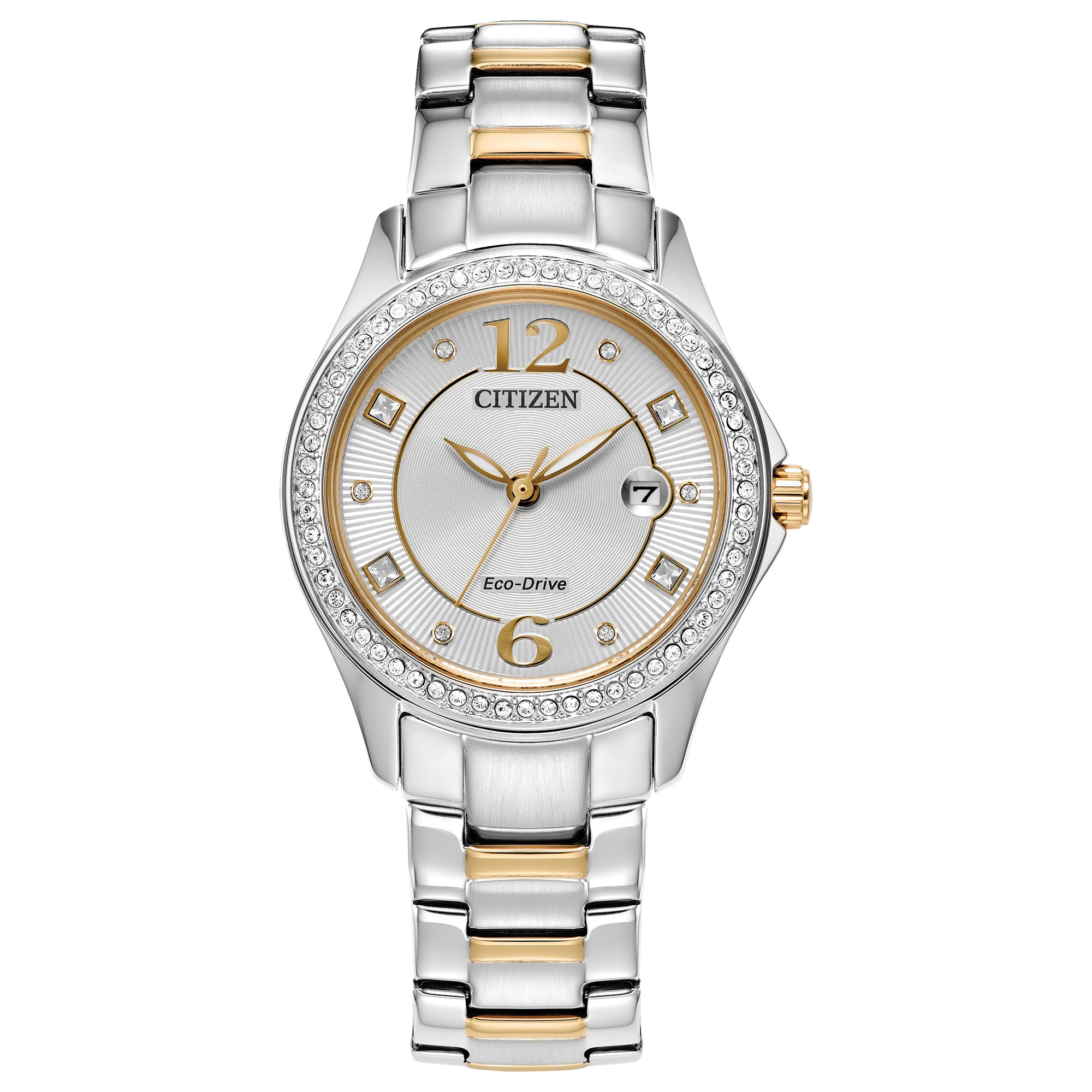 Citizen Eco-Drive Crystal Silver Dial and Two-Tone Bracelet Watch 30mm FE1146-71A 375$