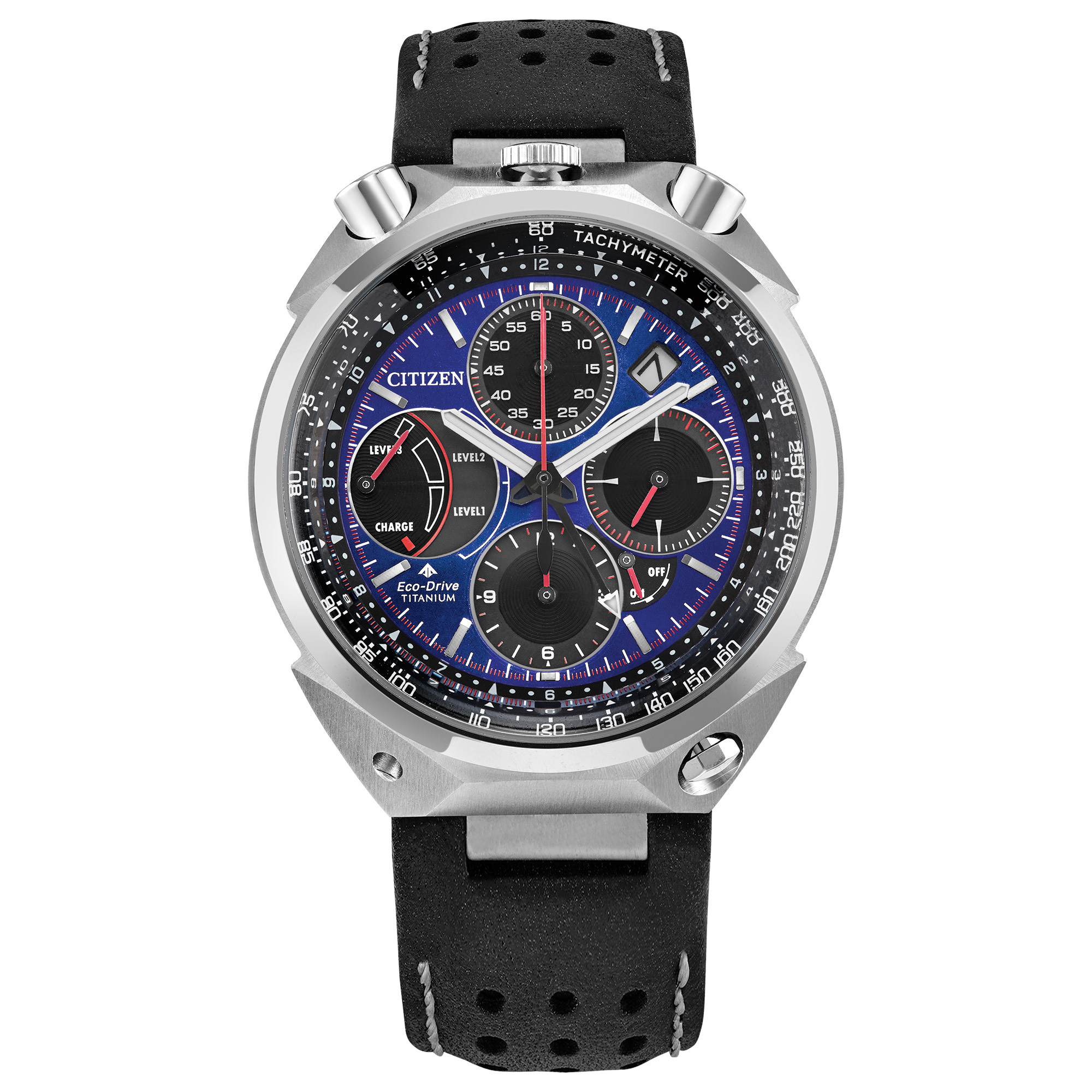 Eco-Drive Promaster Tsuno Chrono Racer Blue Dial Black Leather Strap Watch 43.3mm - Citizen AV0088-01L