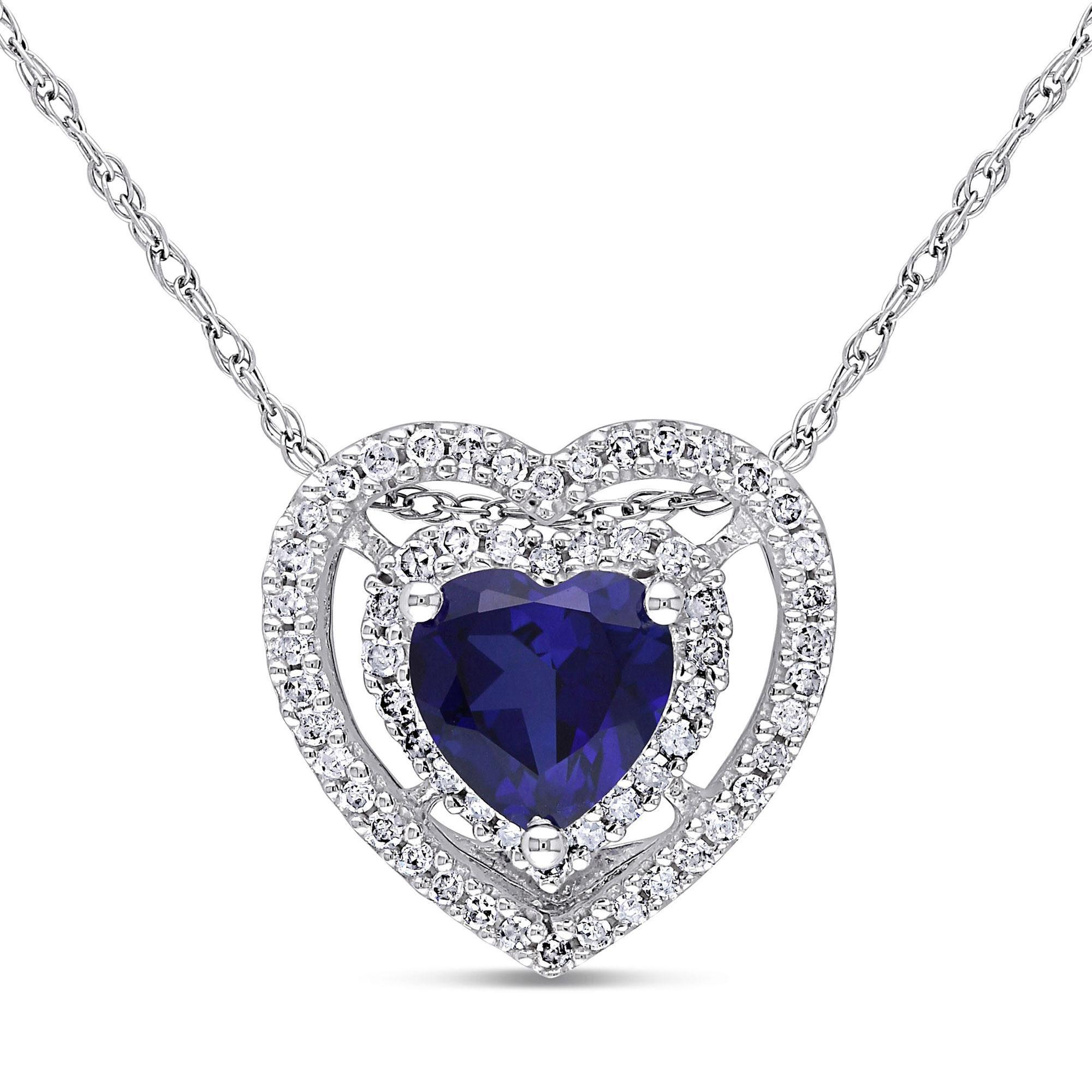 Created Blue Sapphire and Diamond Double Halo Pendant Necklace 1/