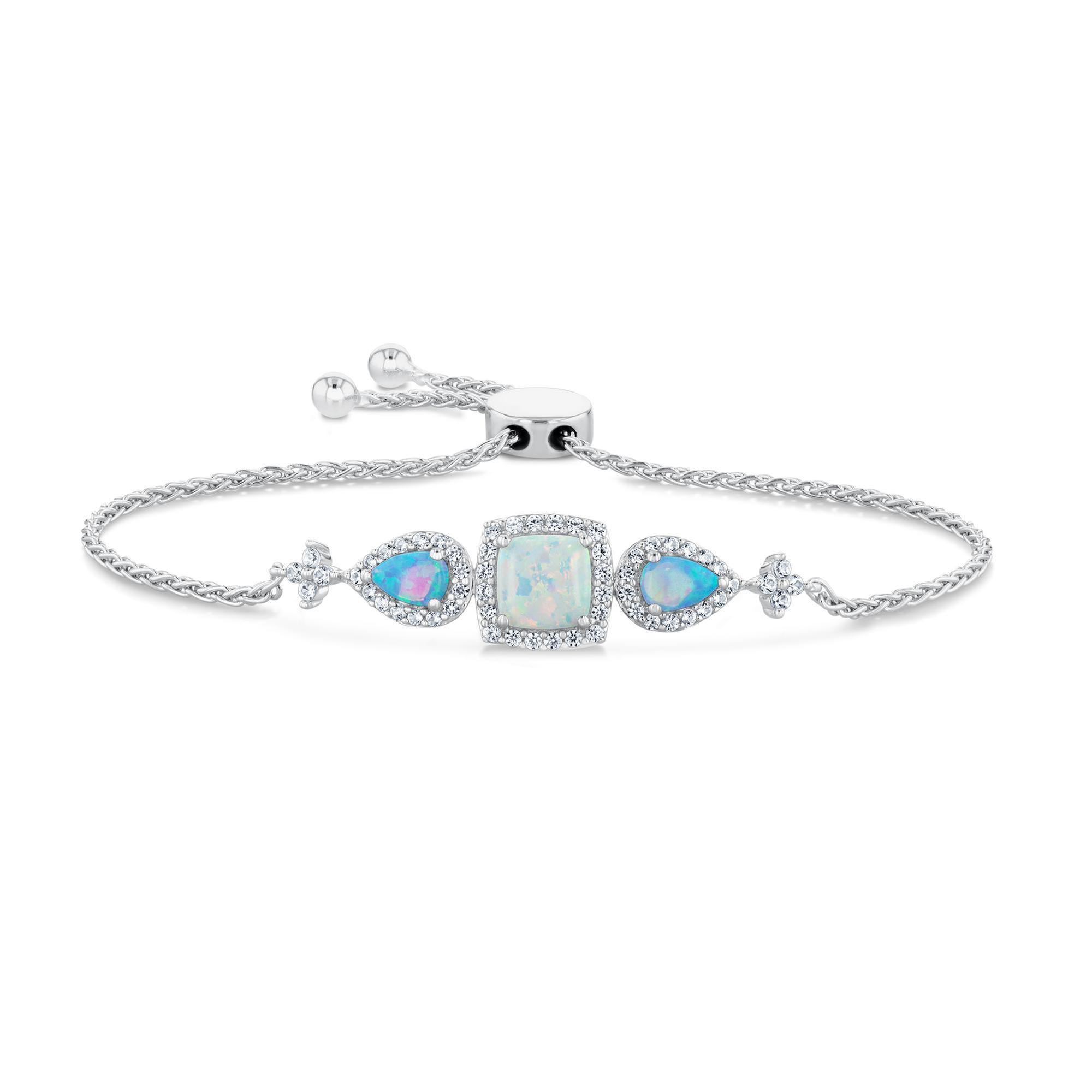 Created Opal and Created White Sapphire Sterling Silver Bolo Brac