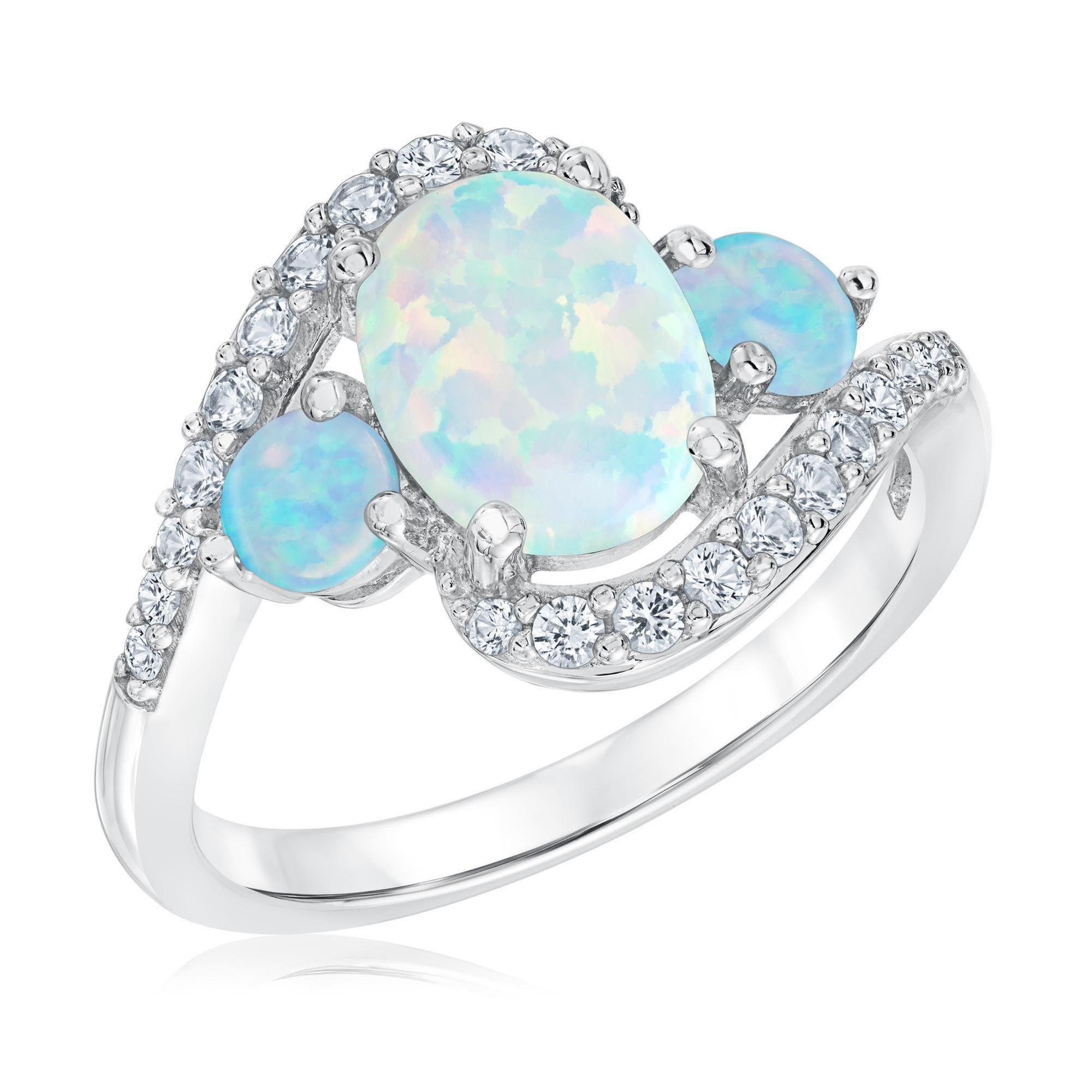 Created Opal and Created White Sapphire Three-Stone Sterling Silver Ring