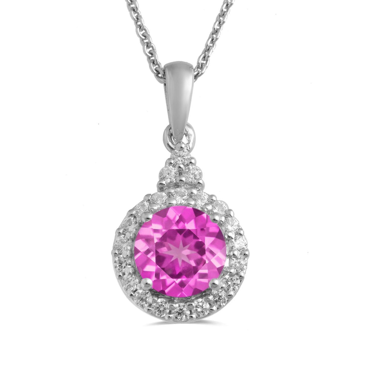 Created Pink Sapphire and Created White Sapphire Halo Pendant Nec