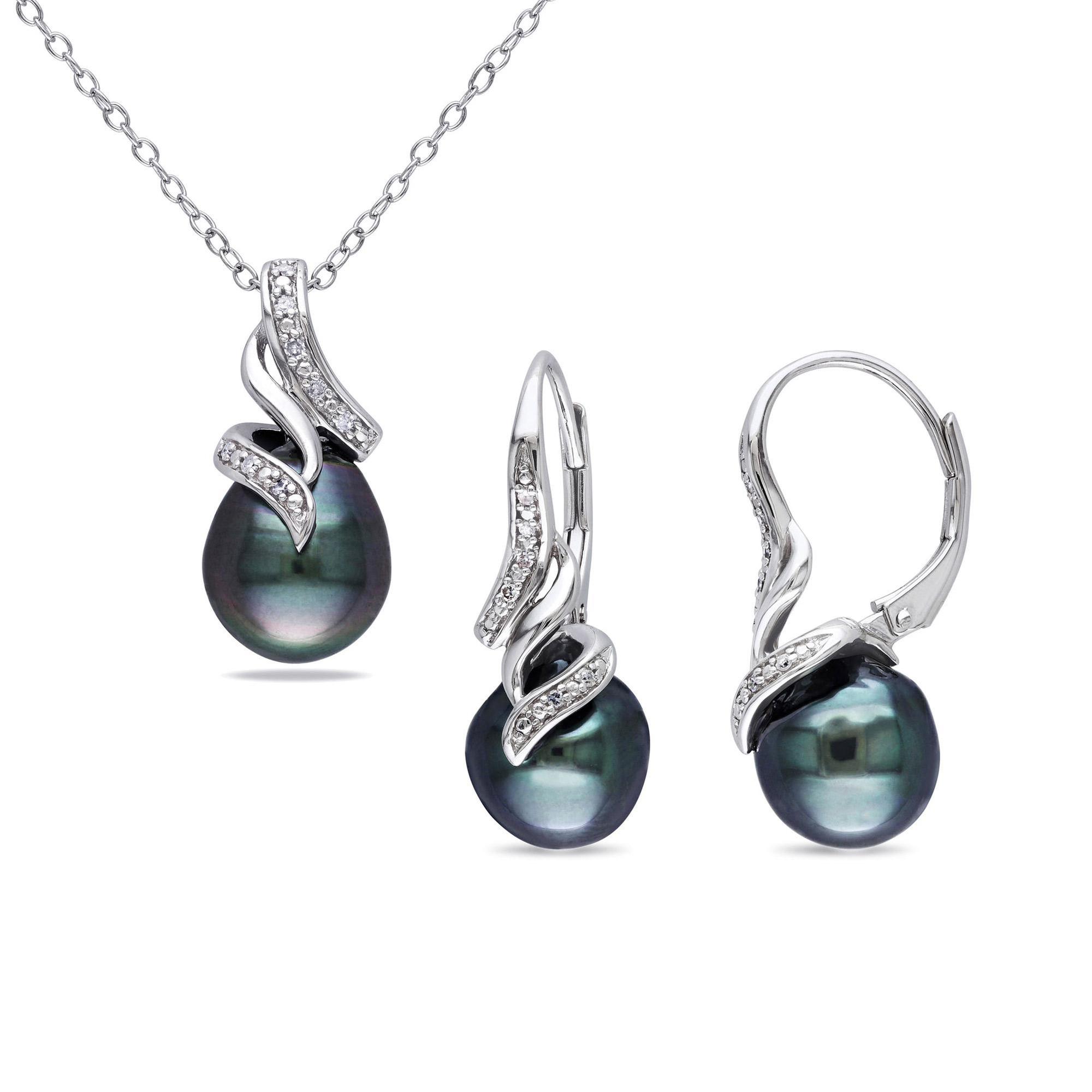Cultured Black Tahitian Pearl and Diamond Swirl Pendant and Earri