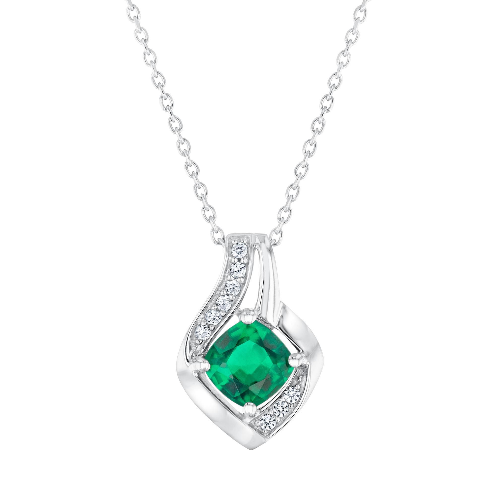 Cushion Created Emerald and Created White Sapphire Sterling Silver Pendant Necklace