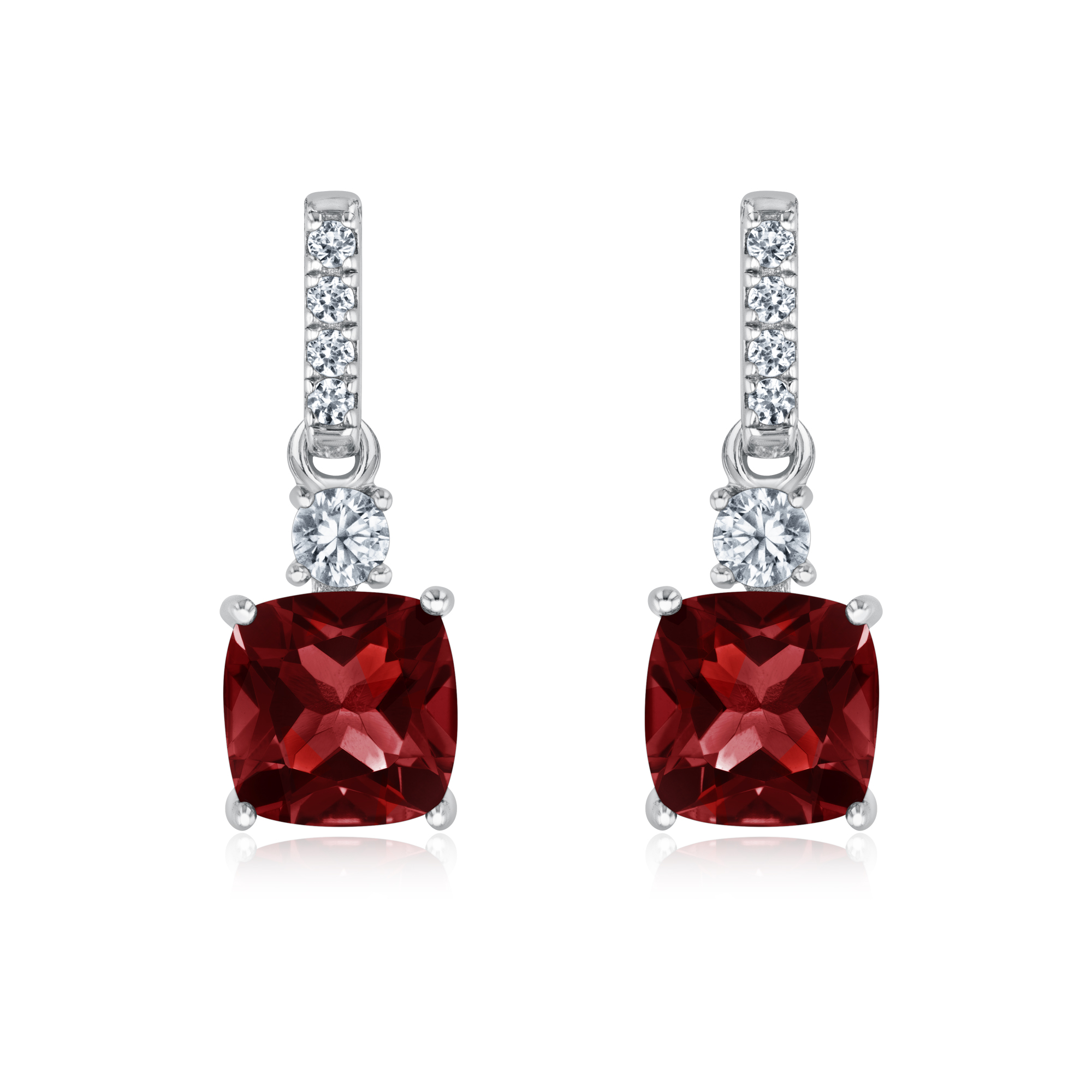 Cushion Garnet and Created White Sapphire Sterling Silver Drop Ea