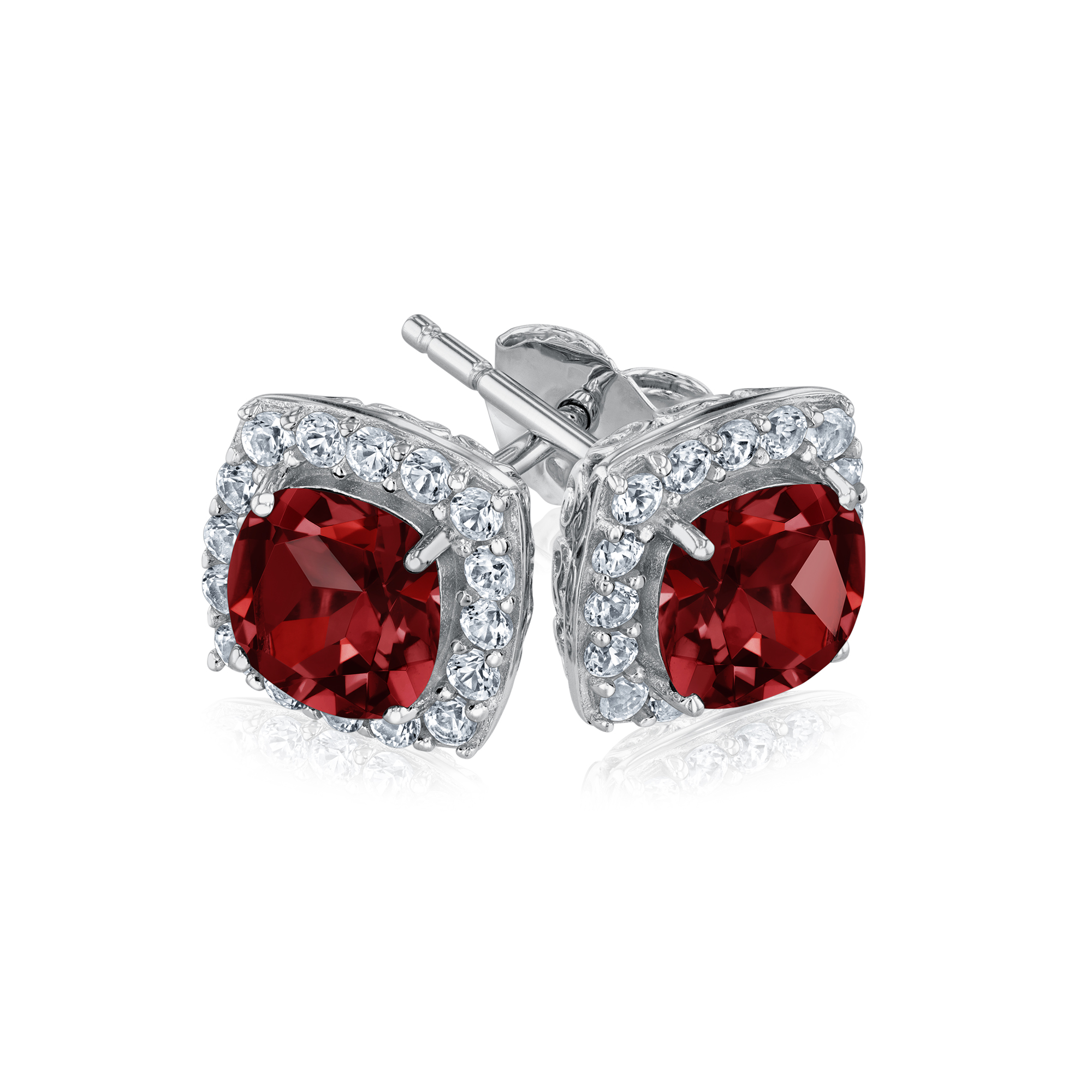 Cushion Garnet and Created White Sapphire Sterling Silver Earring