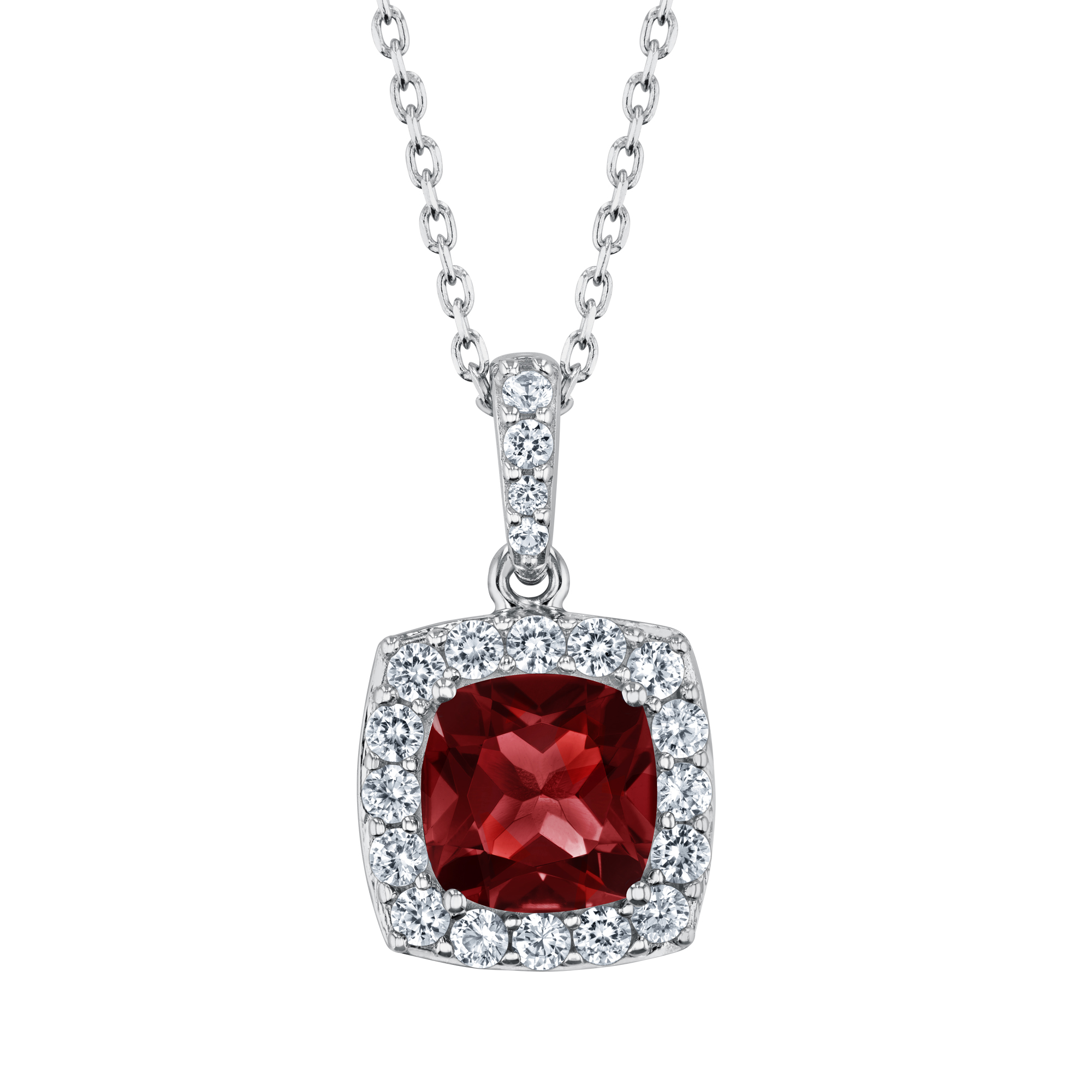 Cushion Garnet and Created White Sapphire Sterling Silver Pendant