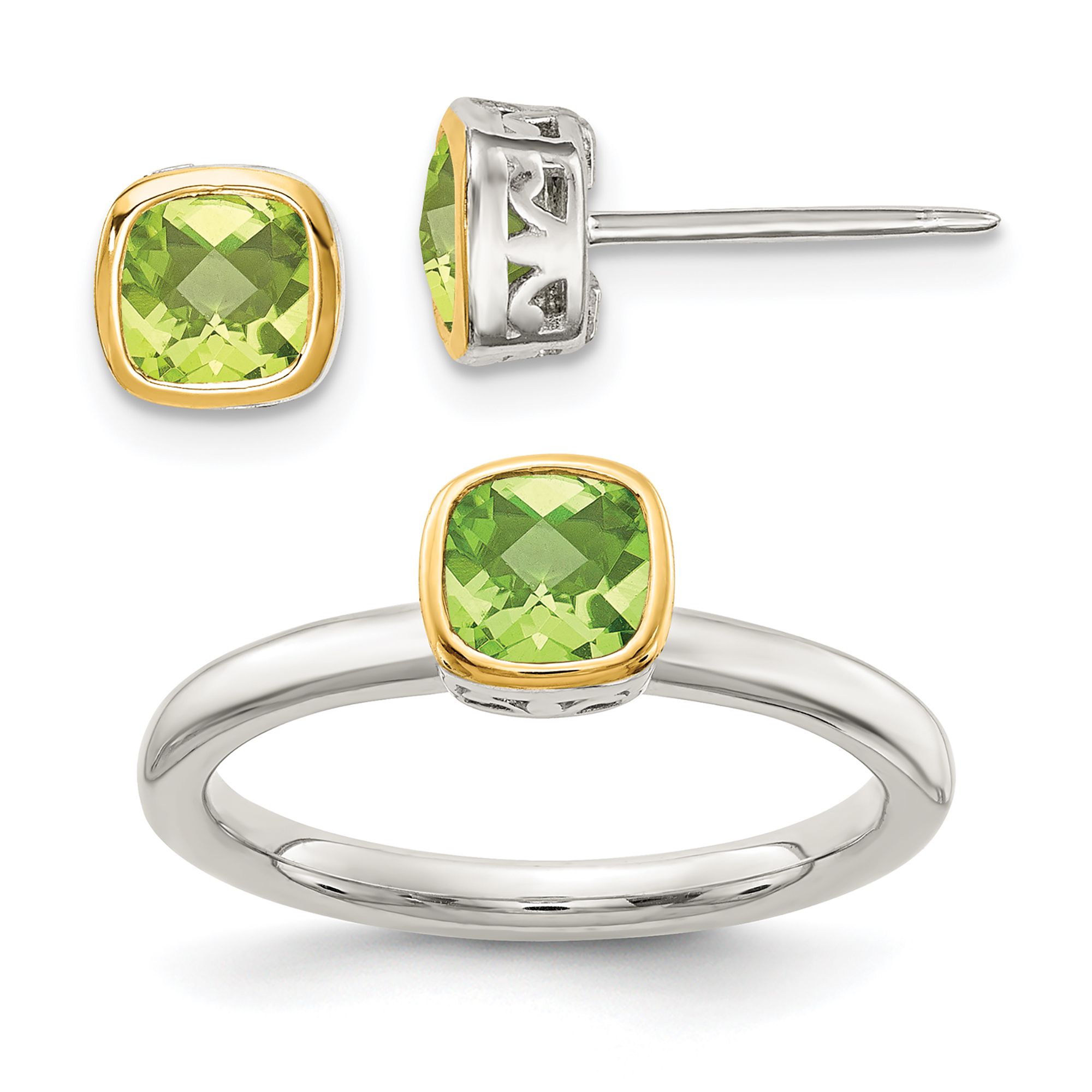 Cushion Peridot Two-Tone Yellow Gold and Sterling Silver Stud Earring and Ring Set | Size 8