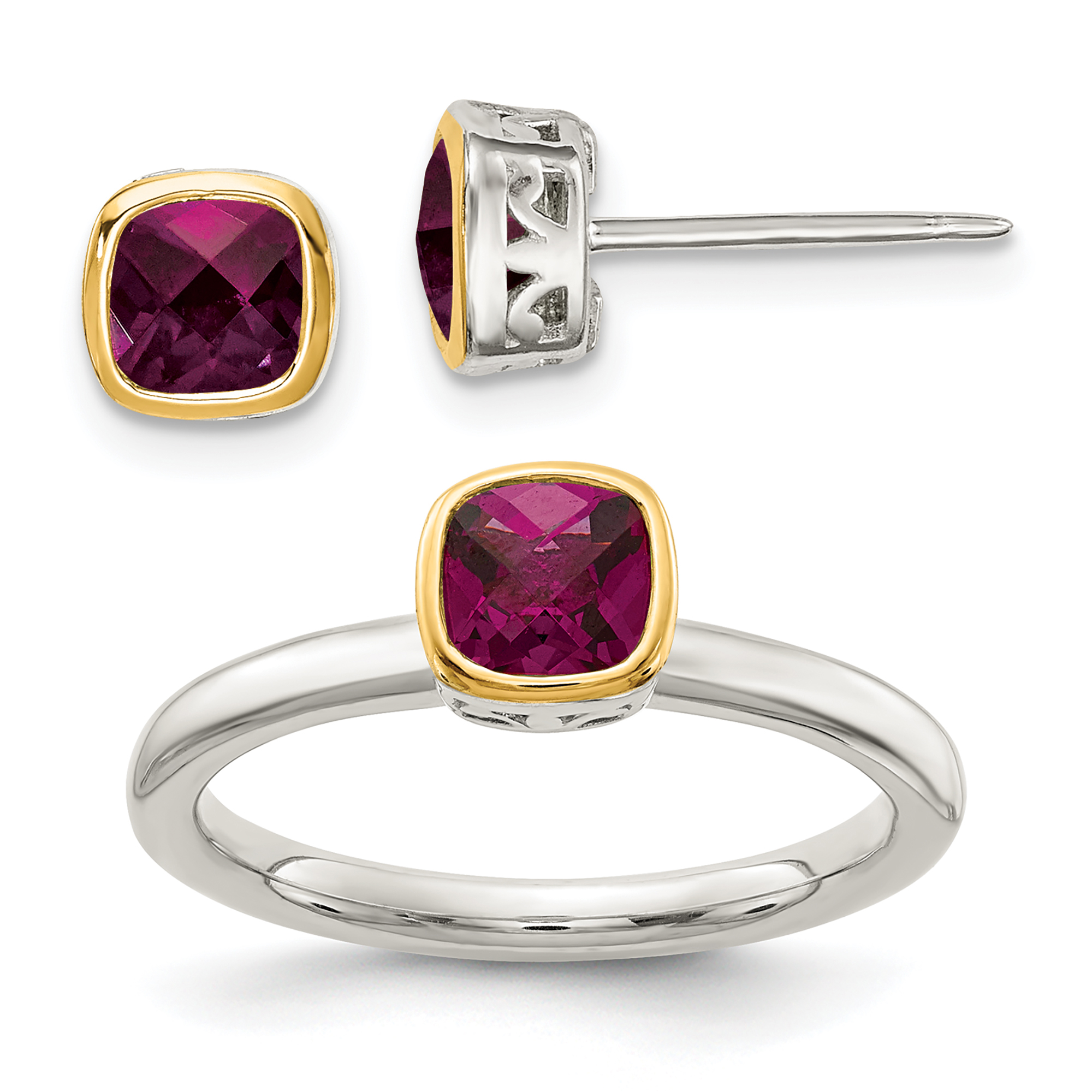 REEDS Women's Cushion Rhodalite Garnet Two-Tone Yellow Gold And Sterling Silver Stud Earring And Ring Set  Ring Size: 6