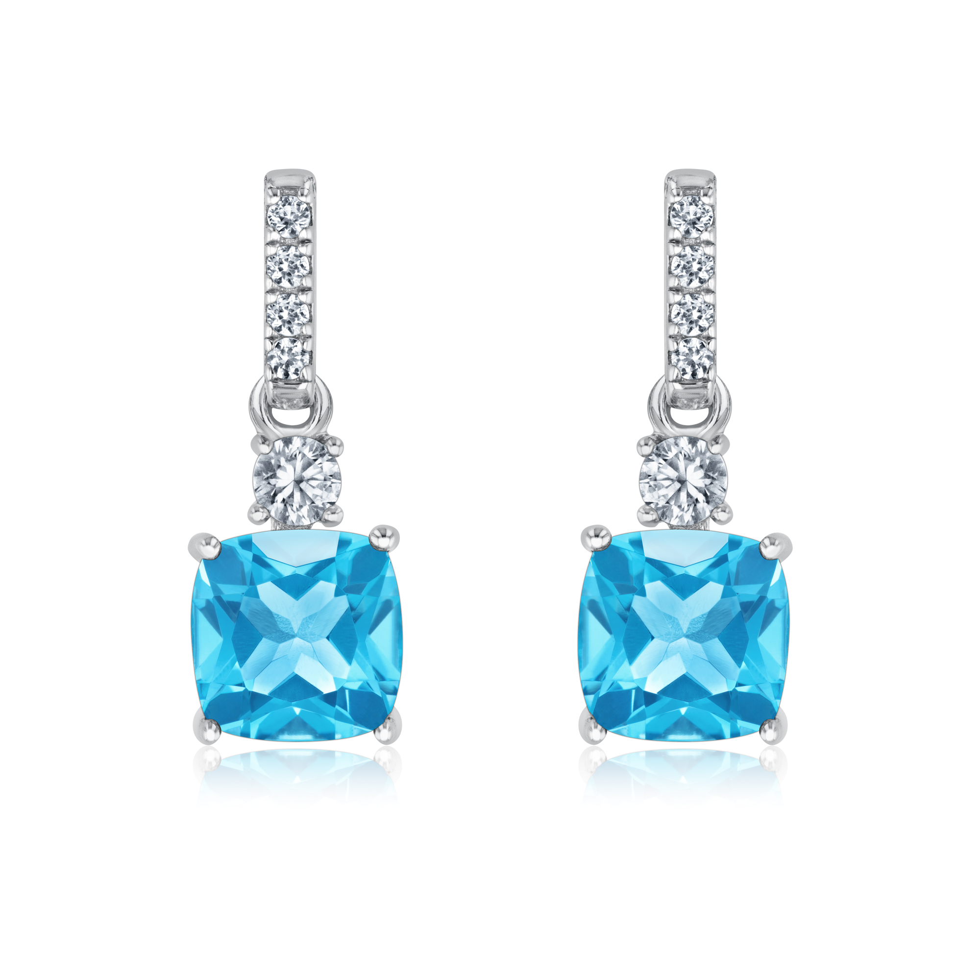 Cushion Swiss Blue Topaz and Created White Sapphire Sterling Silver Drop Earrings