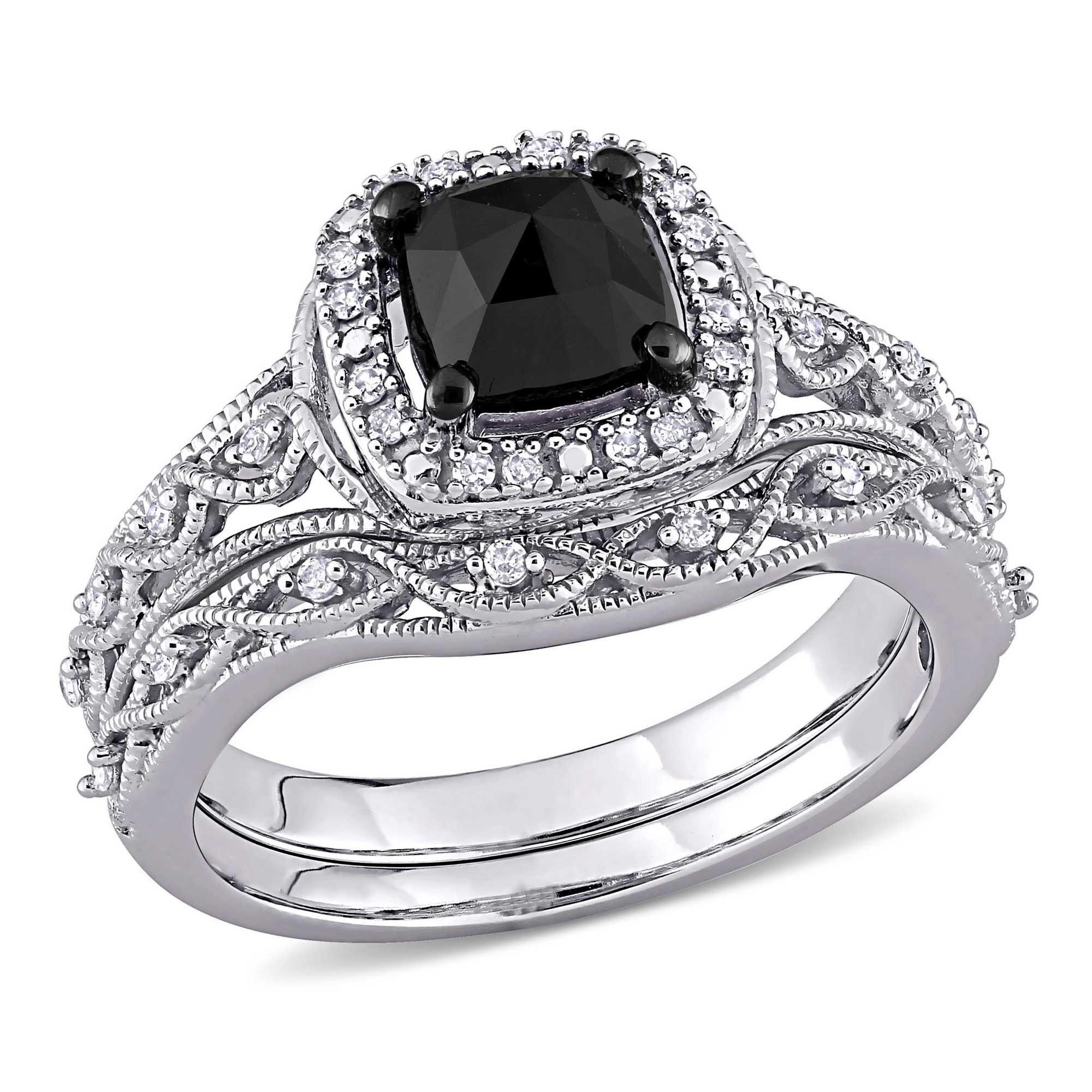 1 1/5ctw Cushion Black Diamond and Diamond White Gold Engagement and Wedding Ring Bridal Set - Size 7
