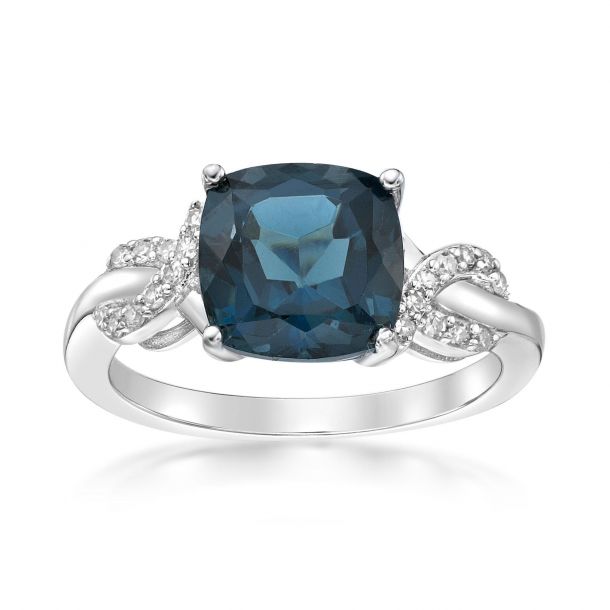 Cushion Cut London Blue Topaz and Diamond Twist Sterling Silver Ring